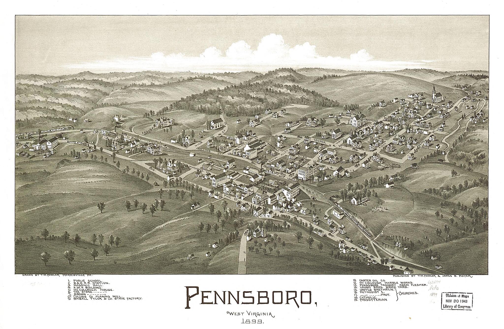 This old map of Pennsboro, West Virginia from 1899 was created by T. M. (Thaddeus Mortimer) Fowler, James B. Moyer in 1899