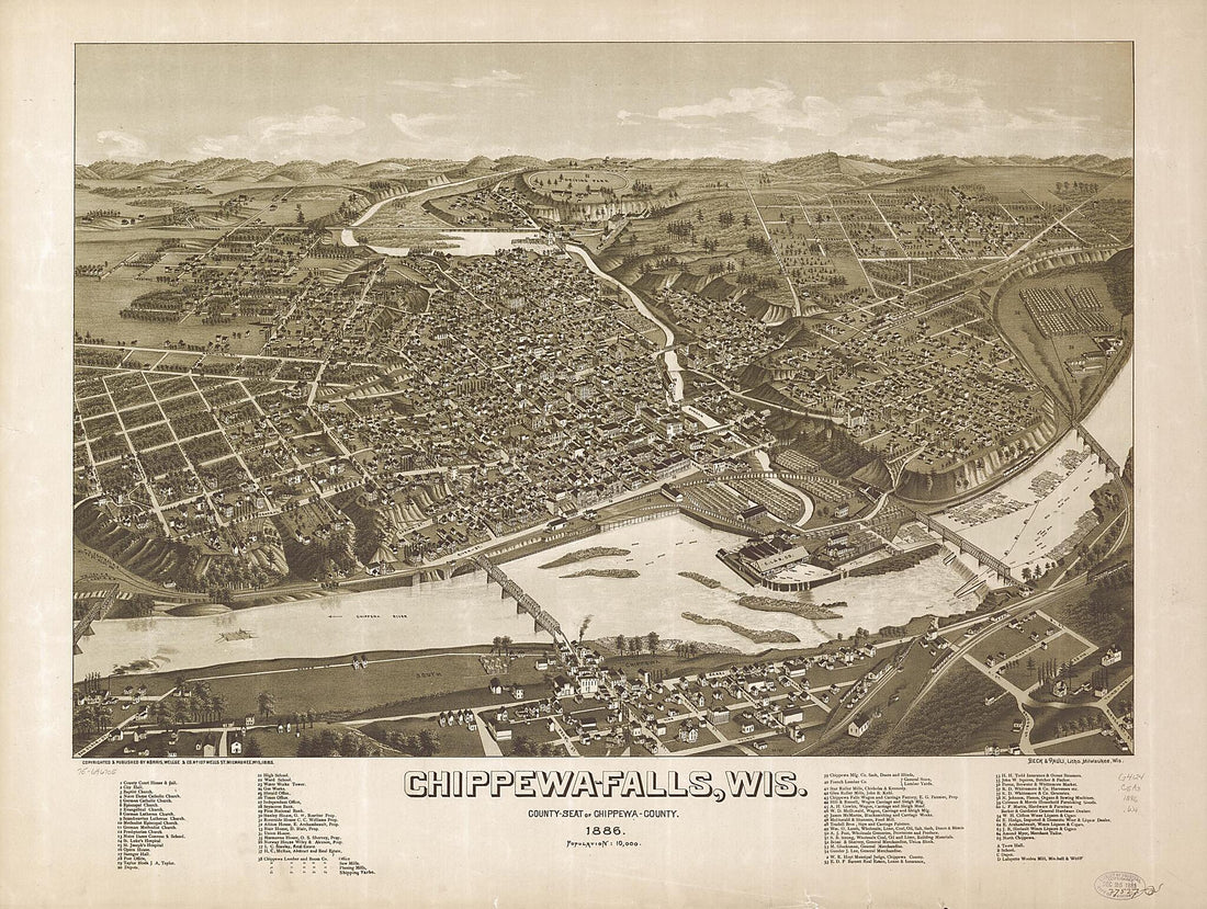 This old map of Falls,Wisconsin, County-seat of Chippewa-County from 1886 was created by Beck & Pauli, Wellge & Co Norris, H. (Henry) Wellge in 1886
