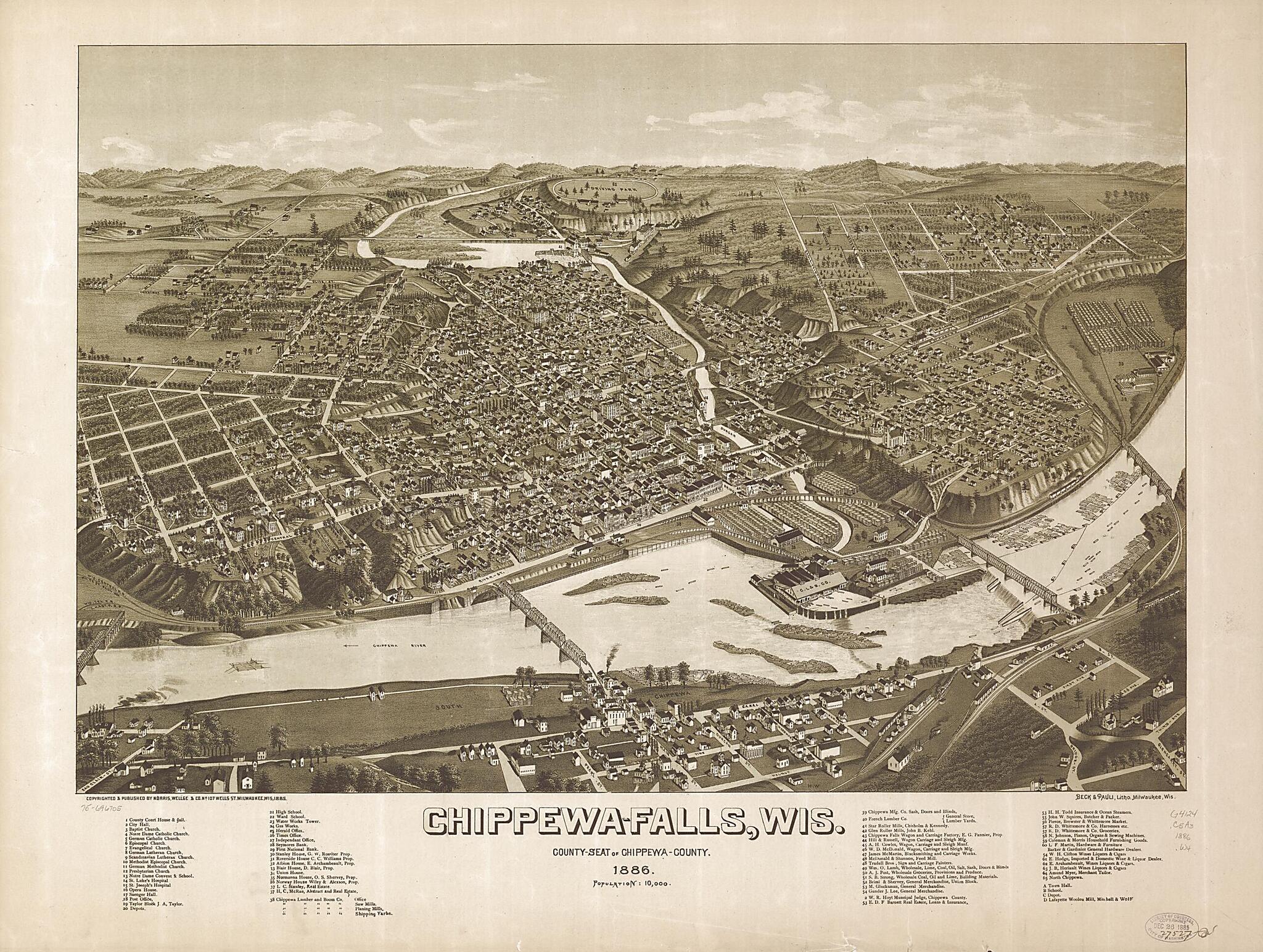 This old map of Falls,Wisconsin, County-seat of Chippewa-County from 1886 was created by Beck & Pauli, Wellge & Co Norris, H. (Henry) Wellge in 1886