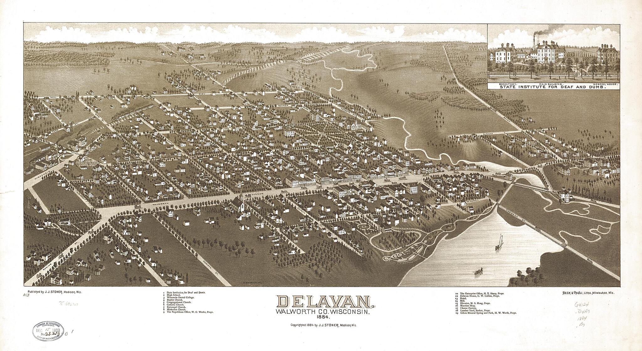 This old map of Delavan, Walworth County, Wisconsin from 1884 was created by Beck & Pauli, H. Brosius, J. J. Stoner in 1884