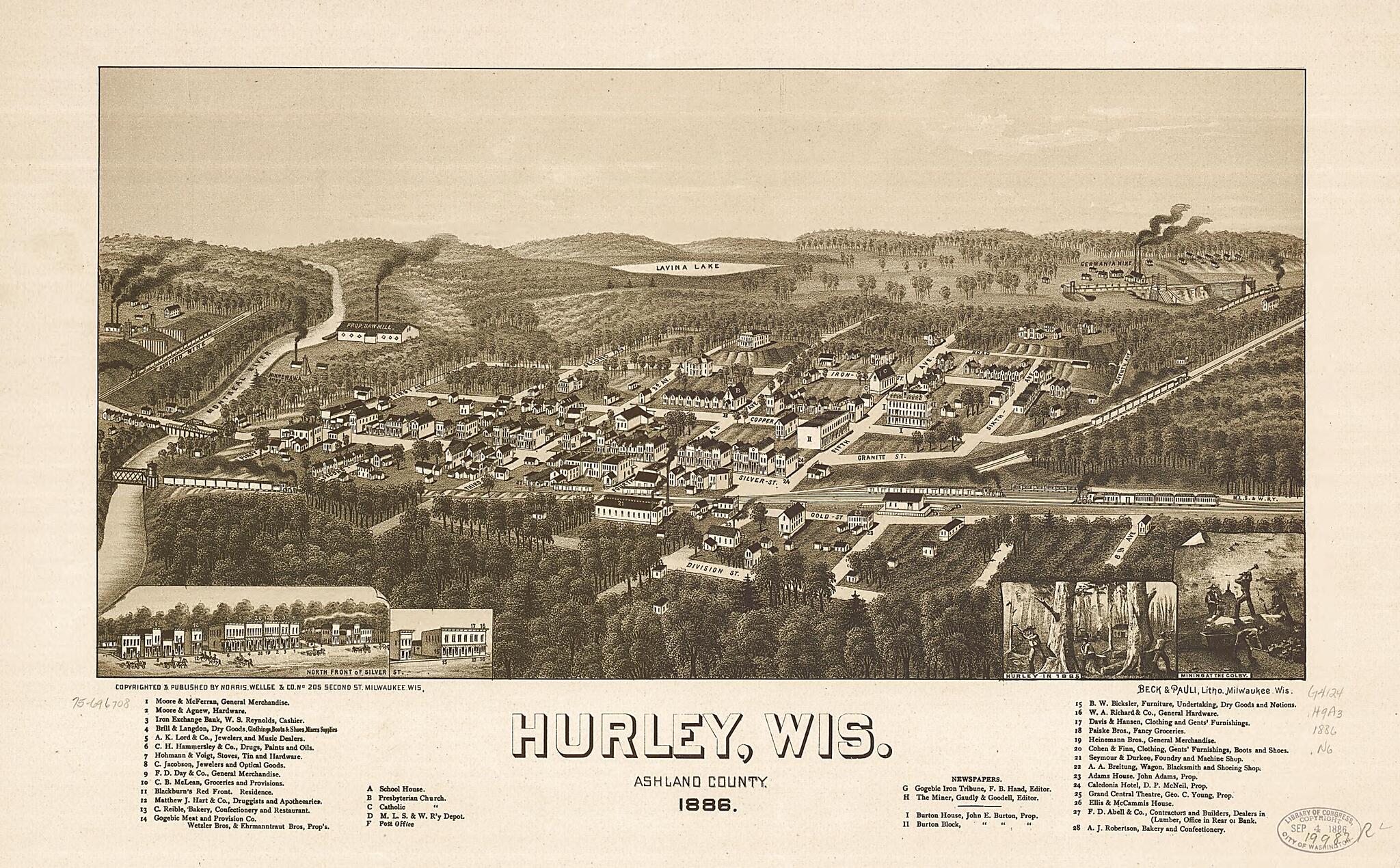 This old map of Hurley,Wisconsin, Ashland County from 1886 was created by Beck & Pauli, Wellge & Co Norris in 1886