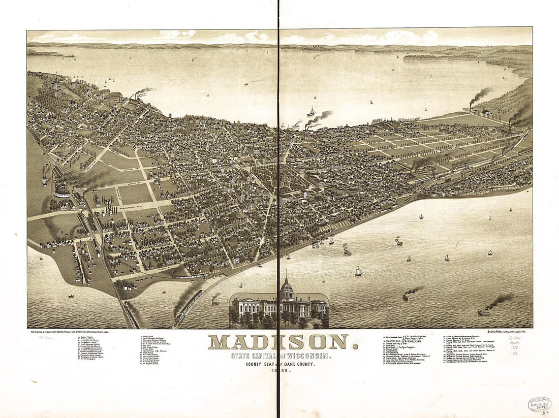 This old map of Madison, State Capital of Wisconsin, County Seat of Dane County from 1885 was created by Beck & Pauli, Wellge & Co Norris in 1885