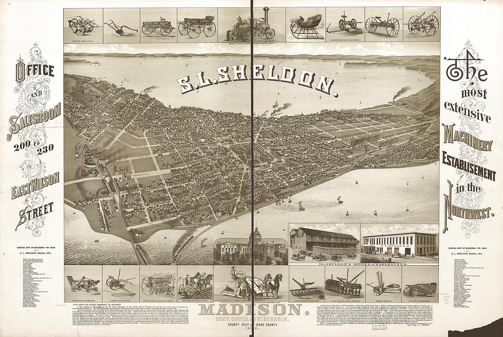 Madison, State Capital of Wisconsin, County Seat of Dane County 1885 by Relic Map Company
