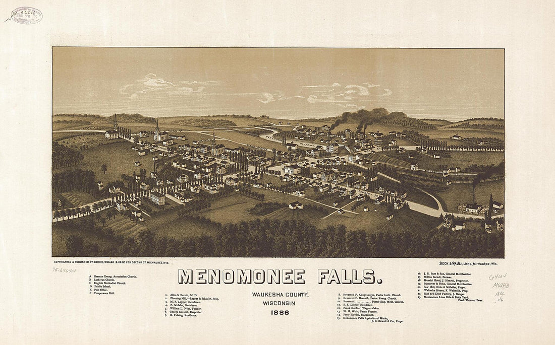 This old map of Menomonee Falls, Waukesha County, Wisconsin. from 1886 was created by Beck & Pauli, Wellge & Co Norris in 1886
