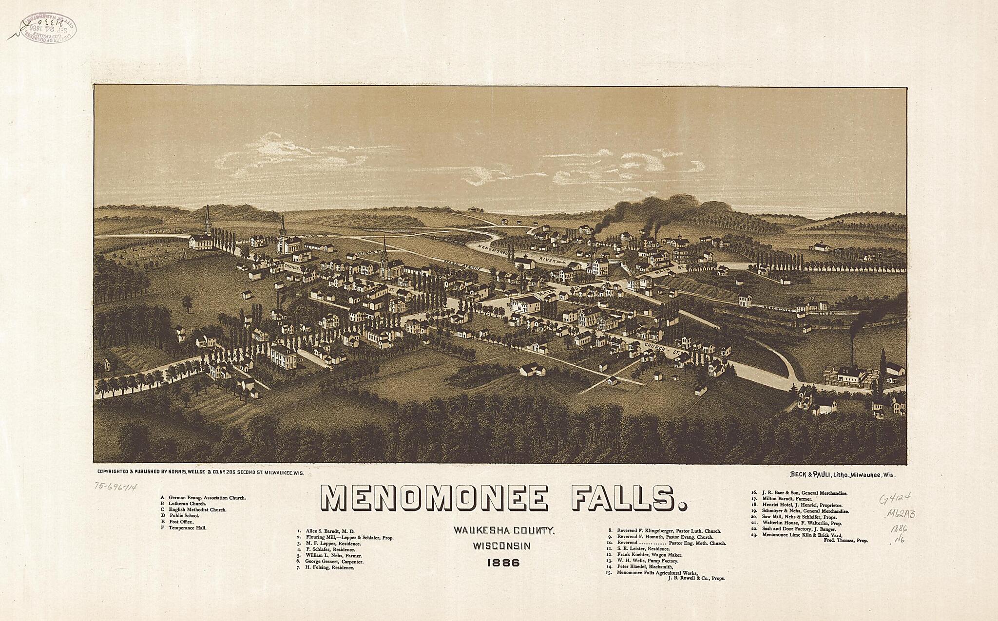 This old map of Menomonee Falls, Waukesha County, Wisconsin. from 1886 was created by Beck & Pauli, Wellge & Co Norris in 1886
