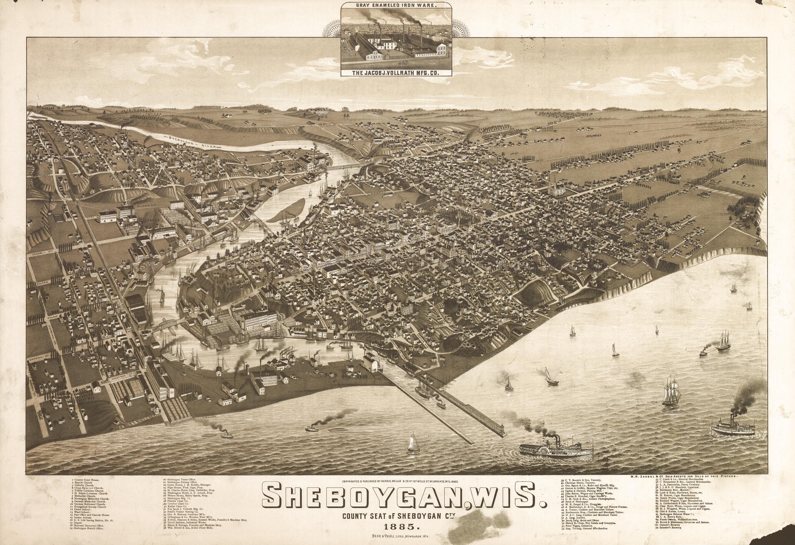 This old map of View of the City of Oconomowoc,Wisconsin Waukesha County from 1885 was created by Beck & Pauli, Wellge & Co Norris, H. (Henry) Wellge in 1885