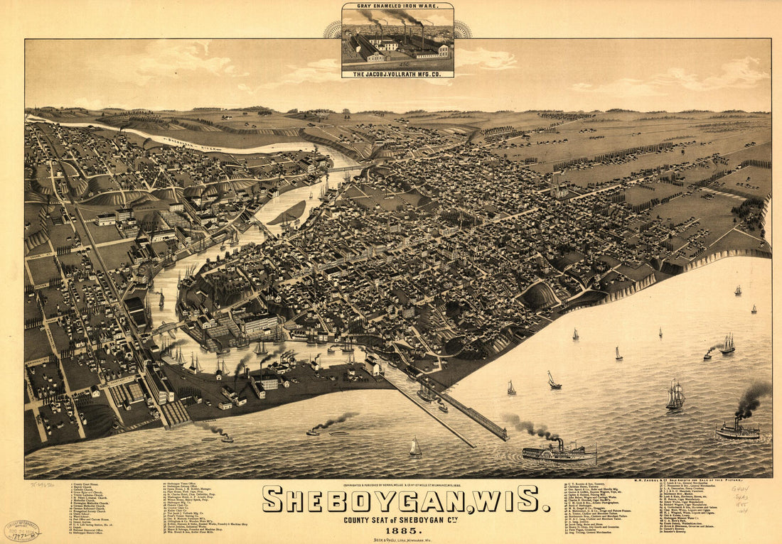 This old map of Sheboygan,Wisconsin, County Seat of Sheboygan Cty. from 1885 was created by Beck & Pauli, Wellge & Co Norris, H. (Henry) Wellge in 1885