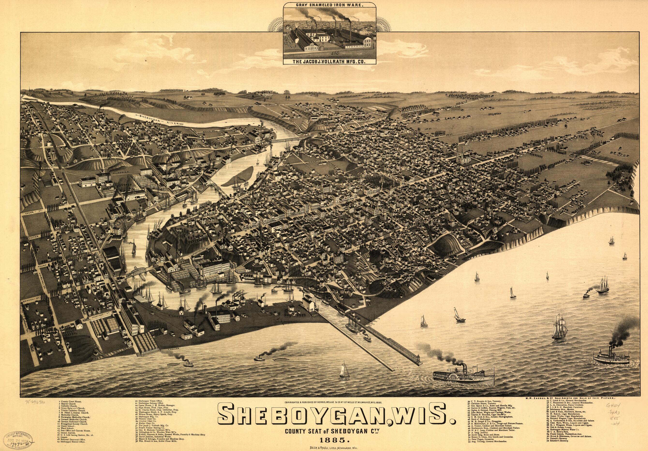 This old map of Sheboygan,Wisconsin, County Seat of Sheboygan Cty. from 1885 was created by Beck & Pauli, Wellge & Co Norris, H. (Henry) Wellge in 1885