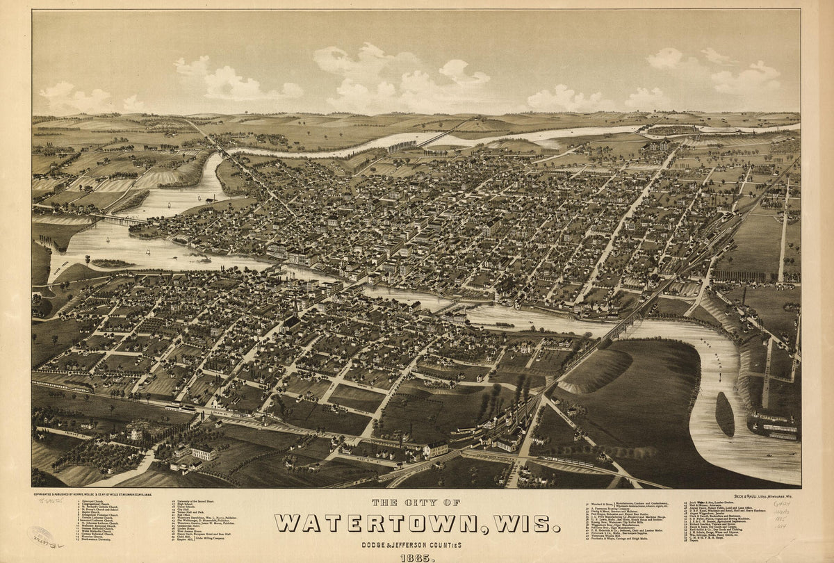 The City of Watertown,Wisconsin Dodge & Jefferson Counties 1885 by Relic Map Company