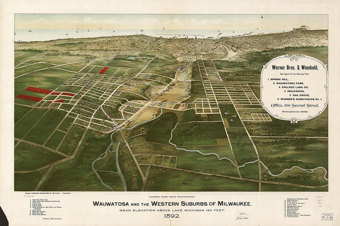 This old map of Wauwatosa and the Western Suburbs of Milwaukee from 1892 was created by Marr & Richards Engraving Co in 1892