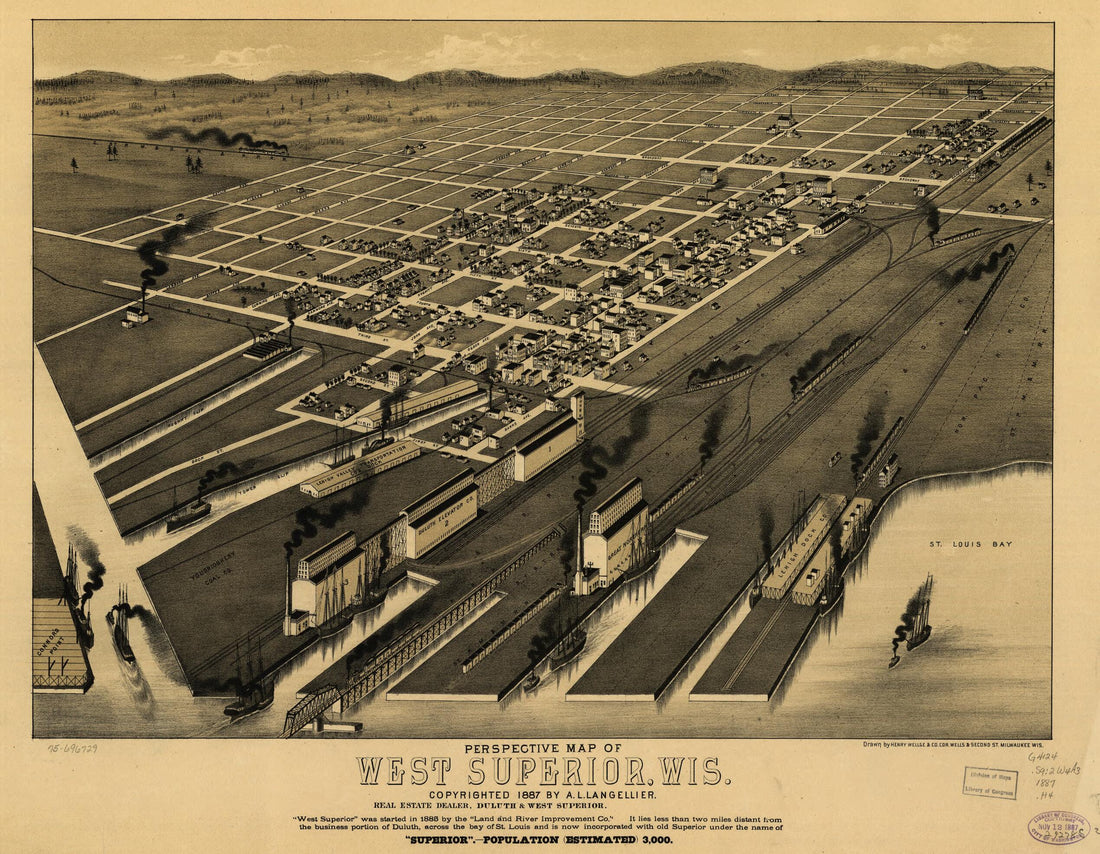 This old map of Perspective Map of West Superior,Wisconsin from 1887 was created by Henry Wellge & Co, A. L. Langellier in 1887