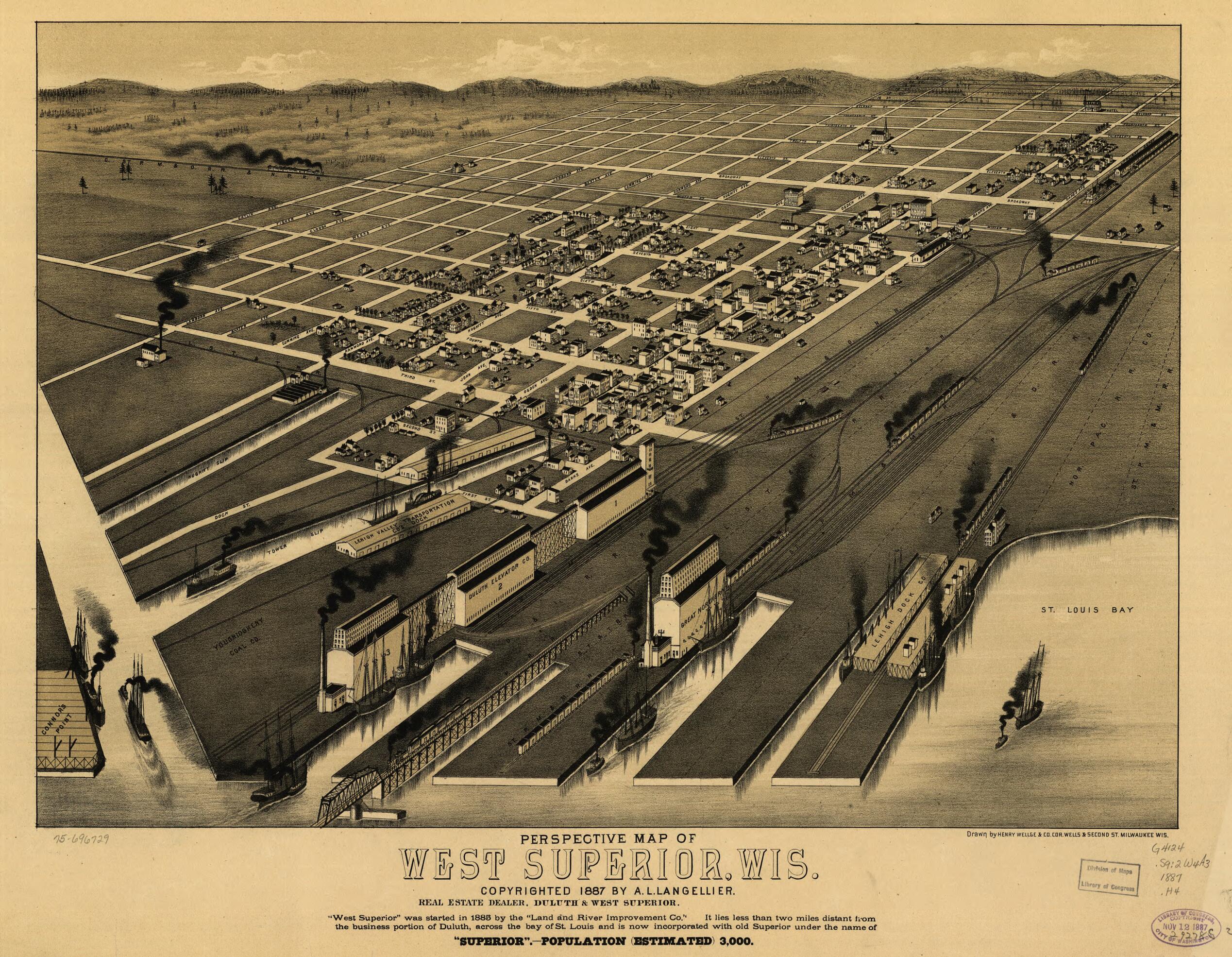 This old map of Perspective Map of West Superior,Wisconsin from 1887 was created by Henry Wellge & Co, A. L. Langellier in 1887