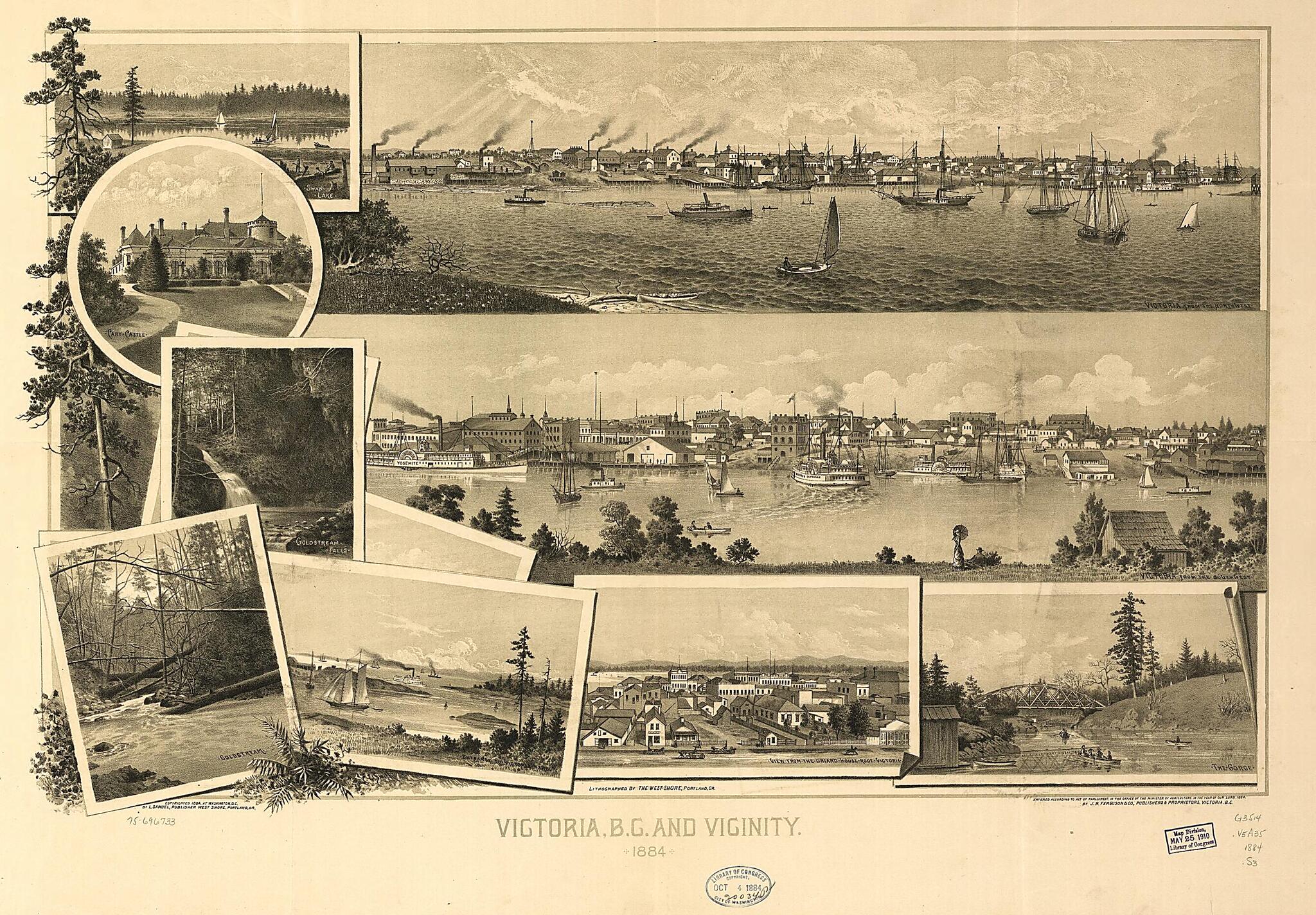 This old map of Victoria, B.C. and Vicinity from 1884 was created by Victoria Ferguson (J.B.) & Co., Leo Samuel, West Shore (Firm) in 1884