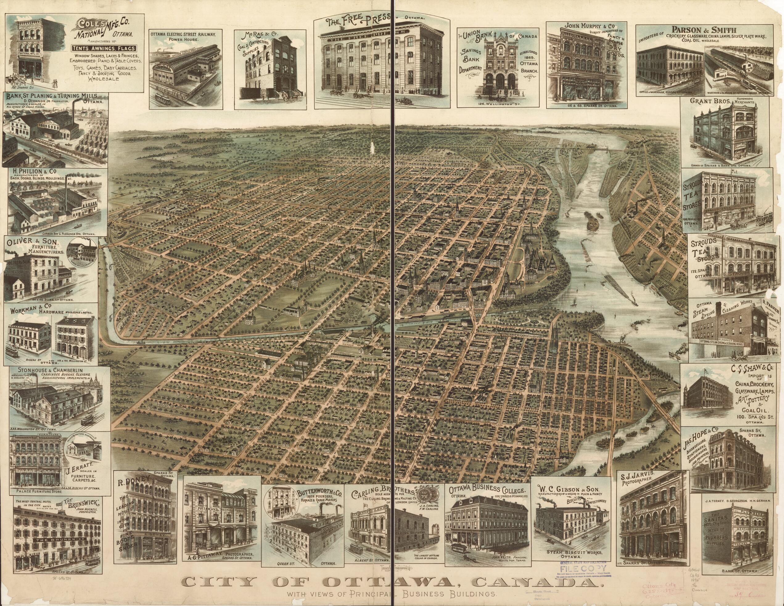 This old map of City of Ottawa, Canada With Views of Principal Business Buildings from 1895 was created by Toronto Lithographing Company in 1895