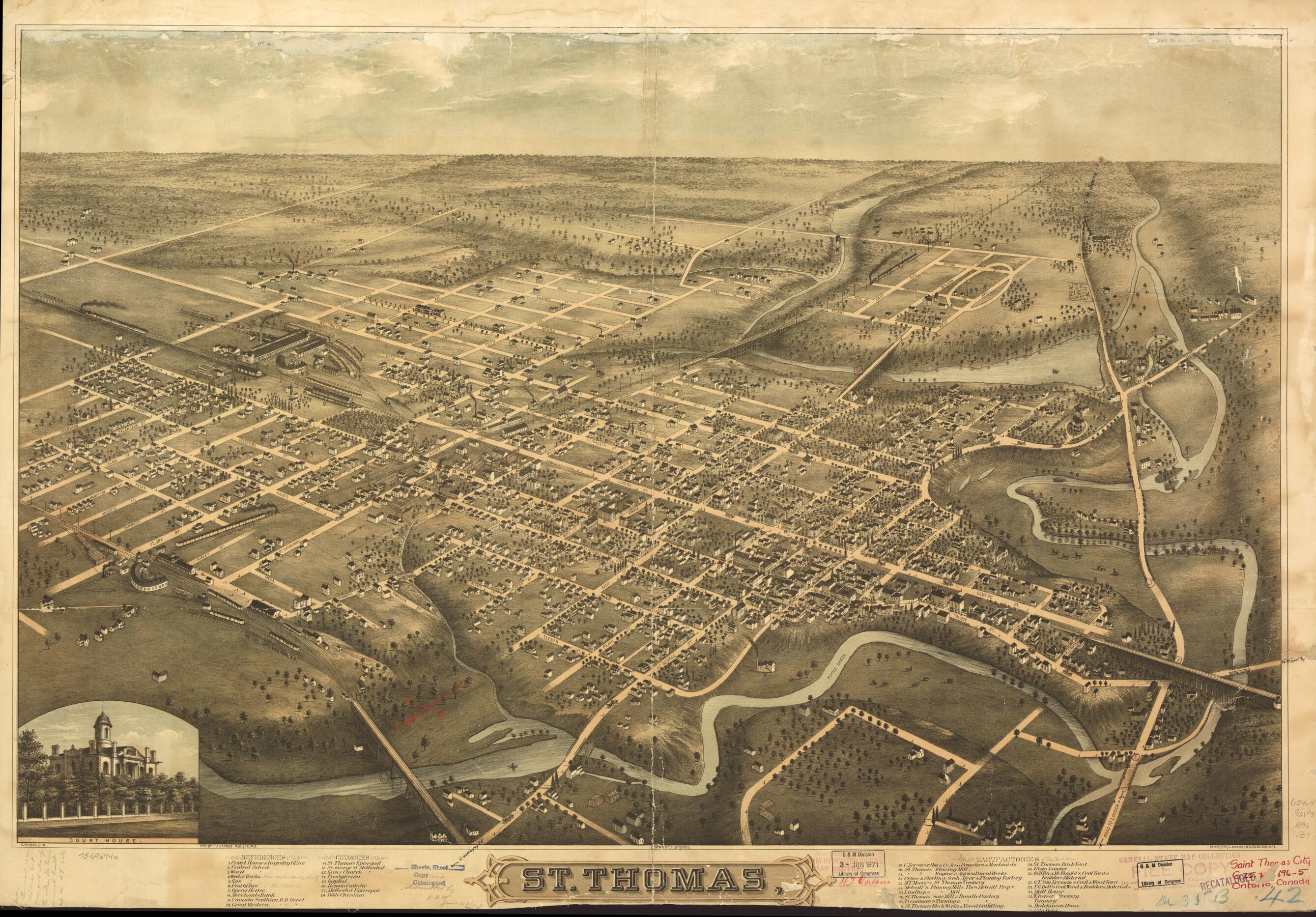 This old map of St. Thomas from 1896 was created by H. Brosius, C.H. Vogt (Firm), J. Knauber & Co, J. J. Stoner in 1896