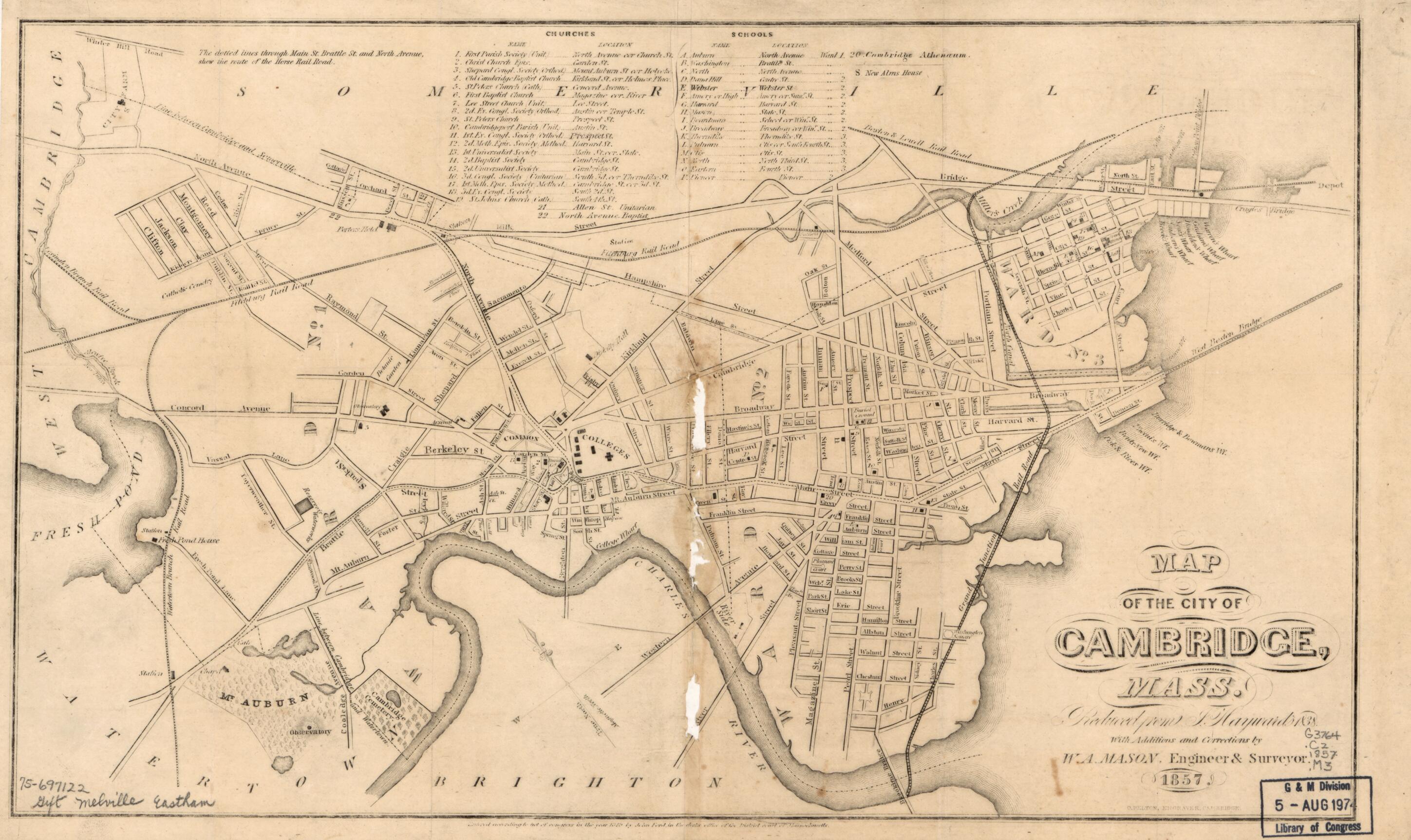 This old map of Map of the City of Cambridge, Massachusetts from 1857 was created by James Hayward, William Mason, Oliver Pelton in 1857