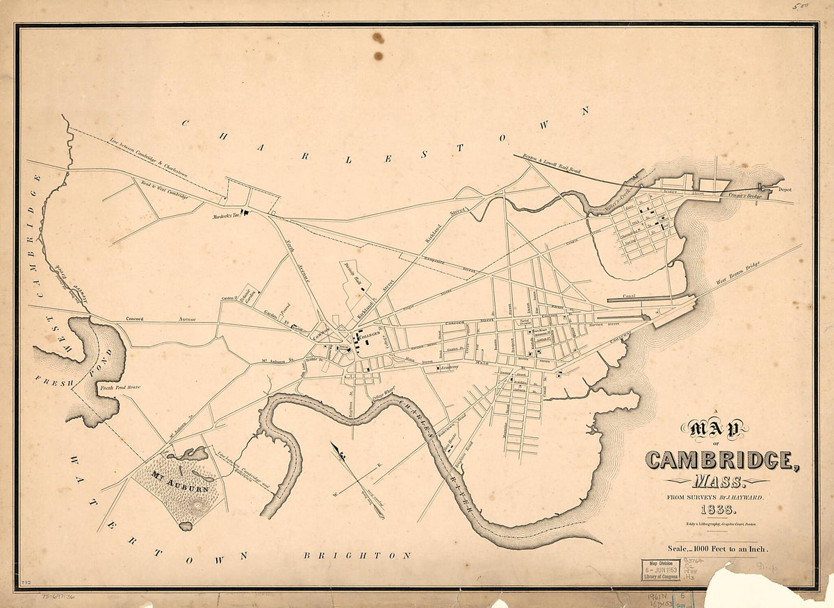 A Map of Cambridge, Massachusetts 1838 by Relic Map Company