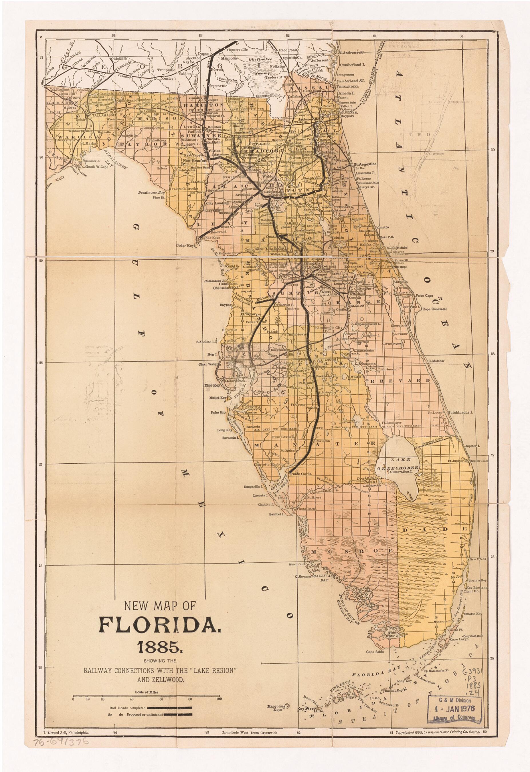 This old map of New Map of Florida, from 1885, Showing the Railway Connections With the Lake Region and Zellwood was created by National Color Printing Co, T. Ellwood Zell and Company in 1885