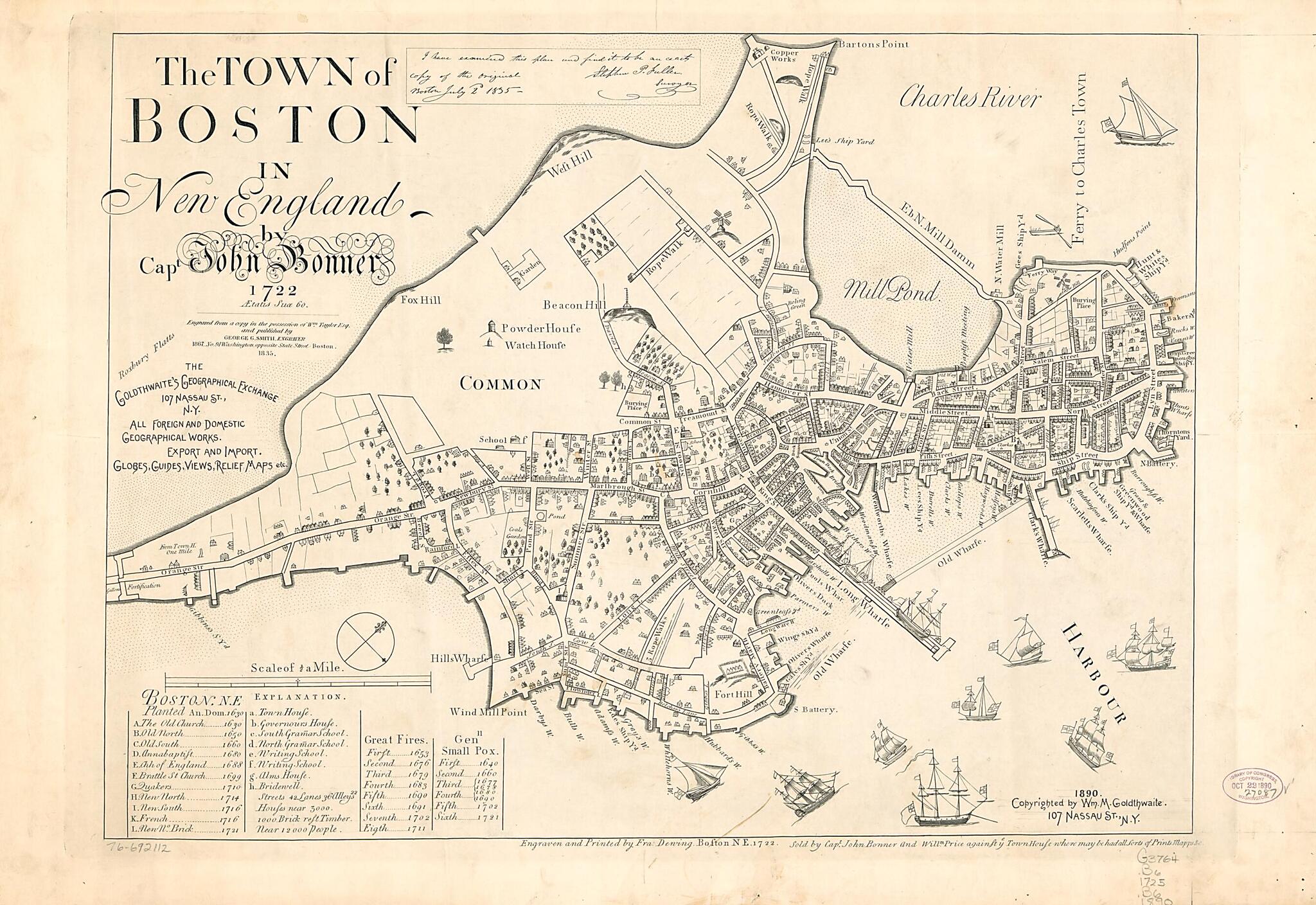 This old map of The Town of Boston In New England from 1890 was created by John Bonner, Francis Dewing, Stephen P. Fuller, Goldthwaite&