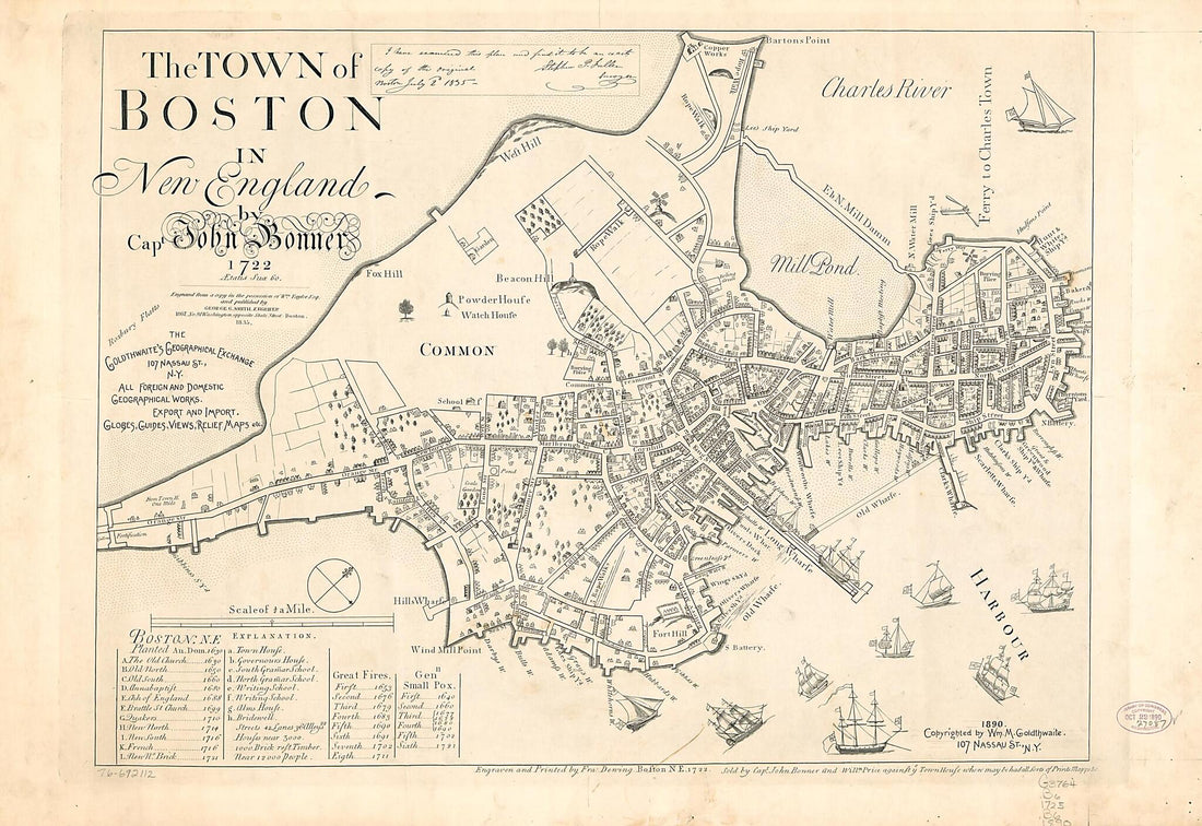 This old map of The Town of Boston In New England from 1890 was created by John Bonner, Francis Dewing, Stephen P. Fuller, Goldthwaite&