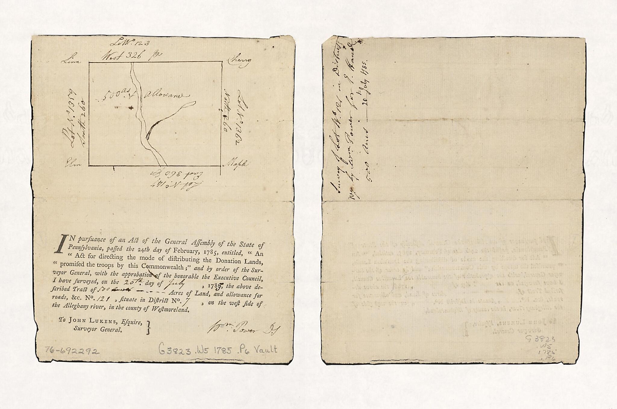 This old map of Survey of Lot No. 121 In District No.7 from 1785 was created by Wm. (William) Power in 1785