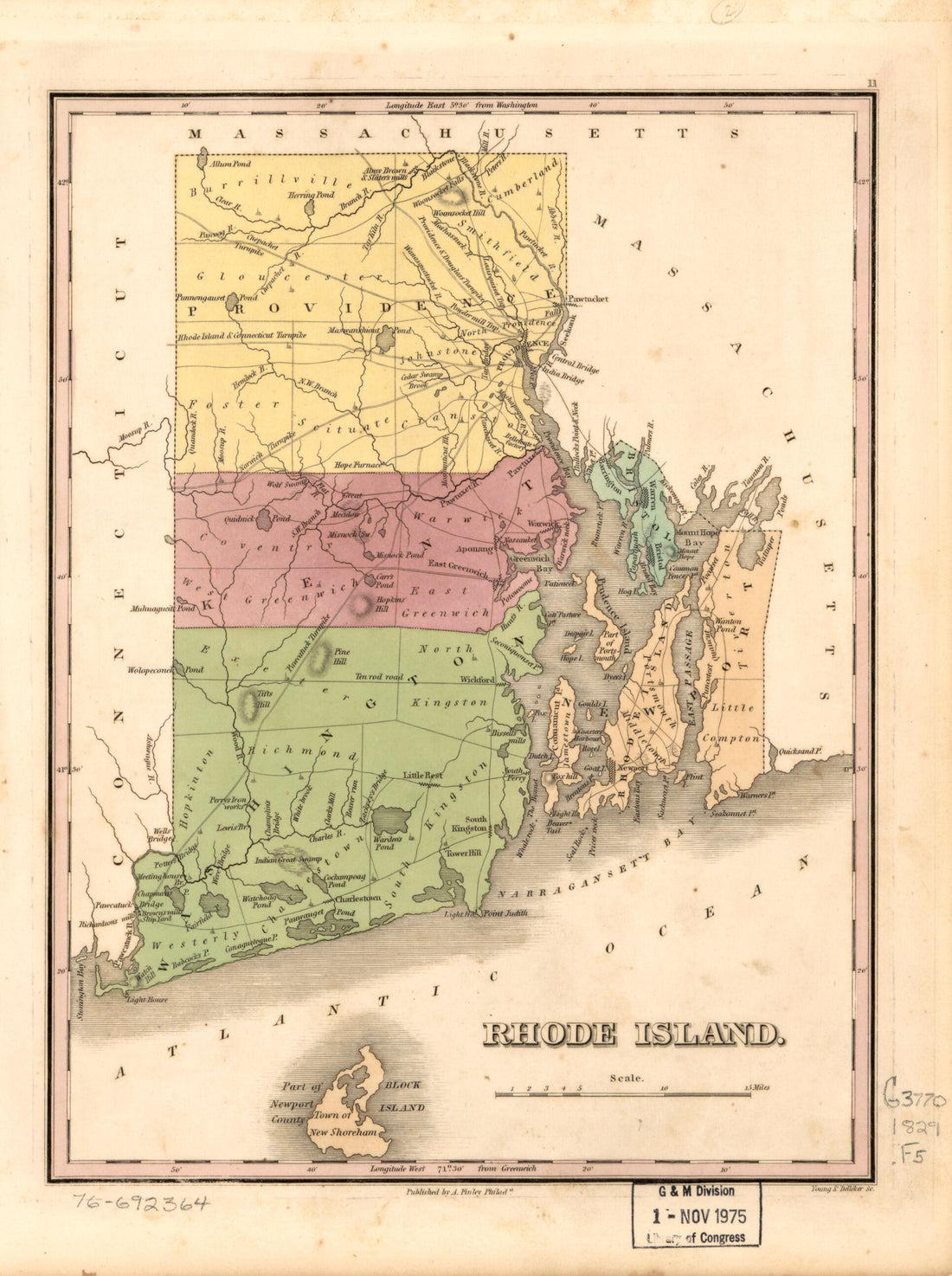 This old map of Rhode Island from 1829 was created by A. (Anthony) Finley, Young & Delleker in 1829