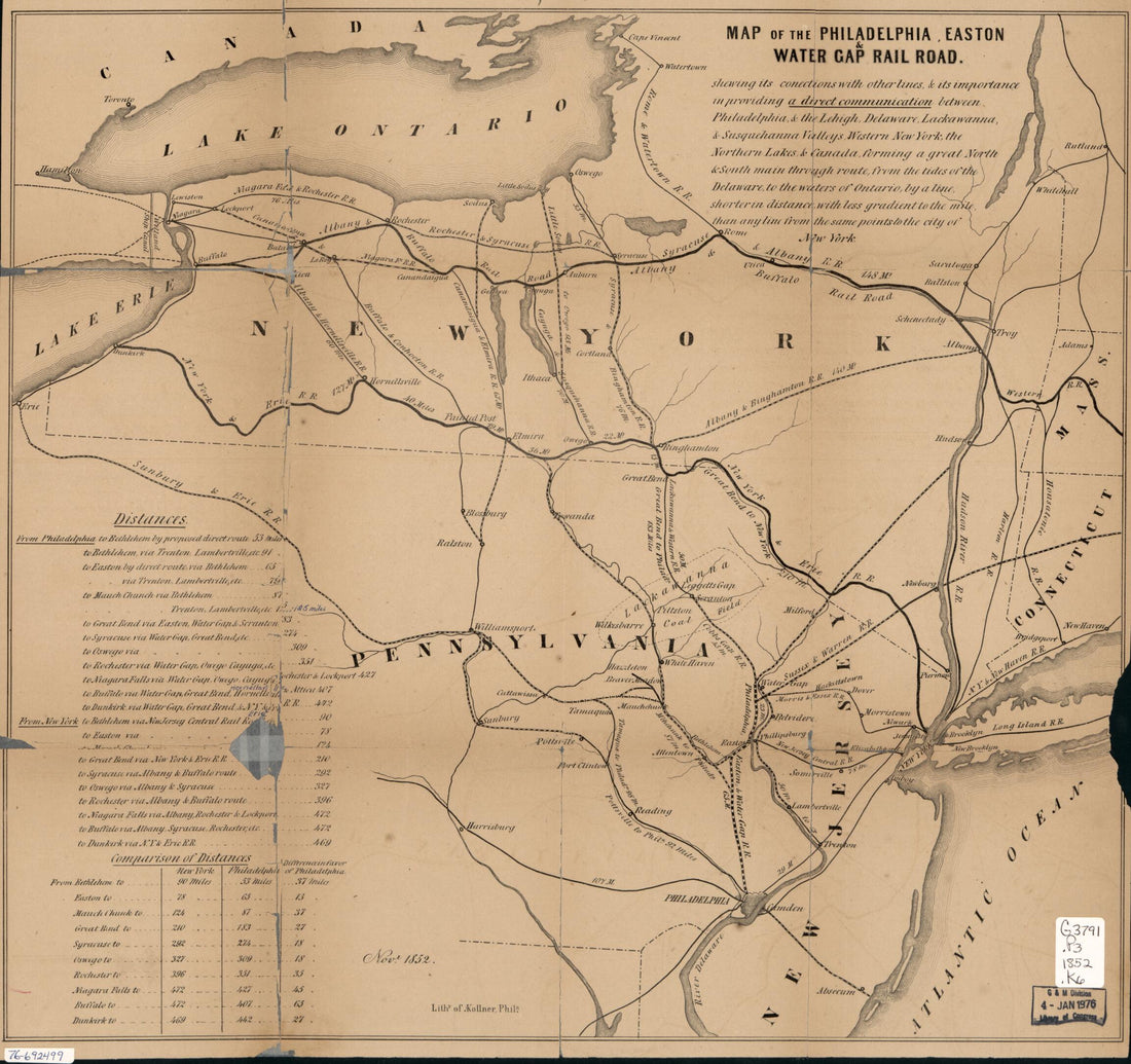 This old map of Map of the Philadelphia, Easton & Water Gap Rail Road from 1852 was created by Augustus Kollner in 1852