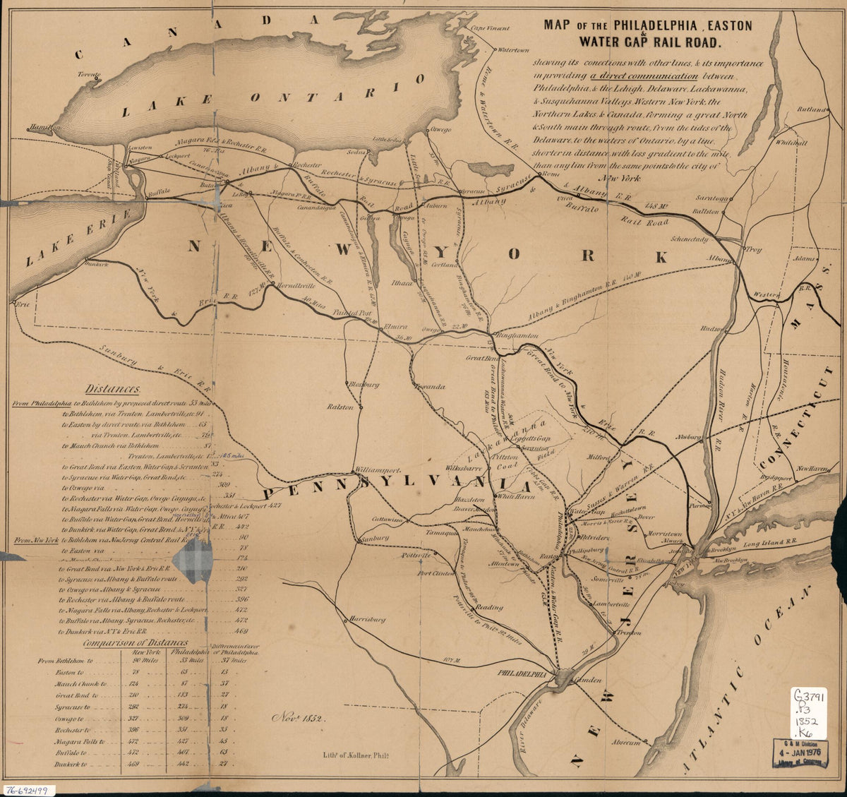 Map of the Philadelphia, Easton & Water Gap Rail Road 1852 by Relic Map Company