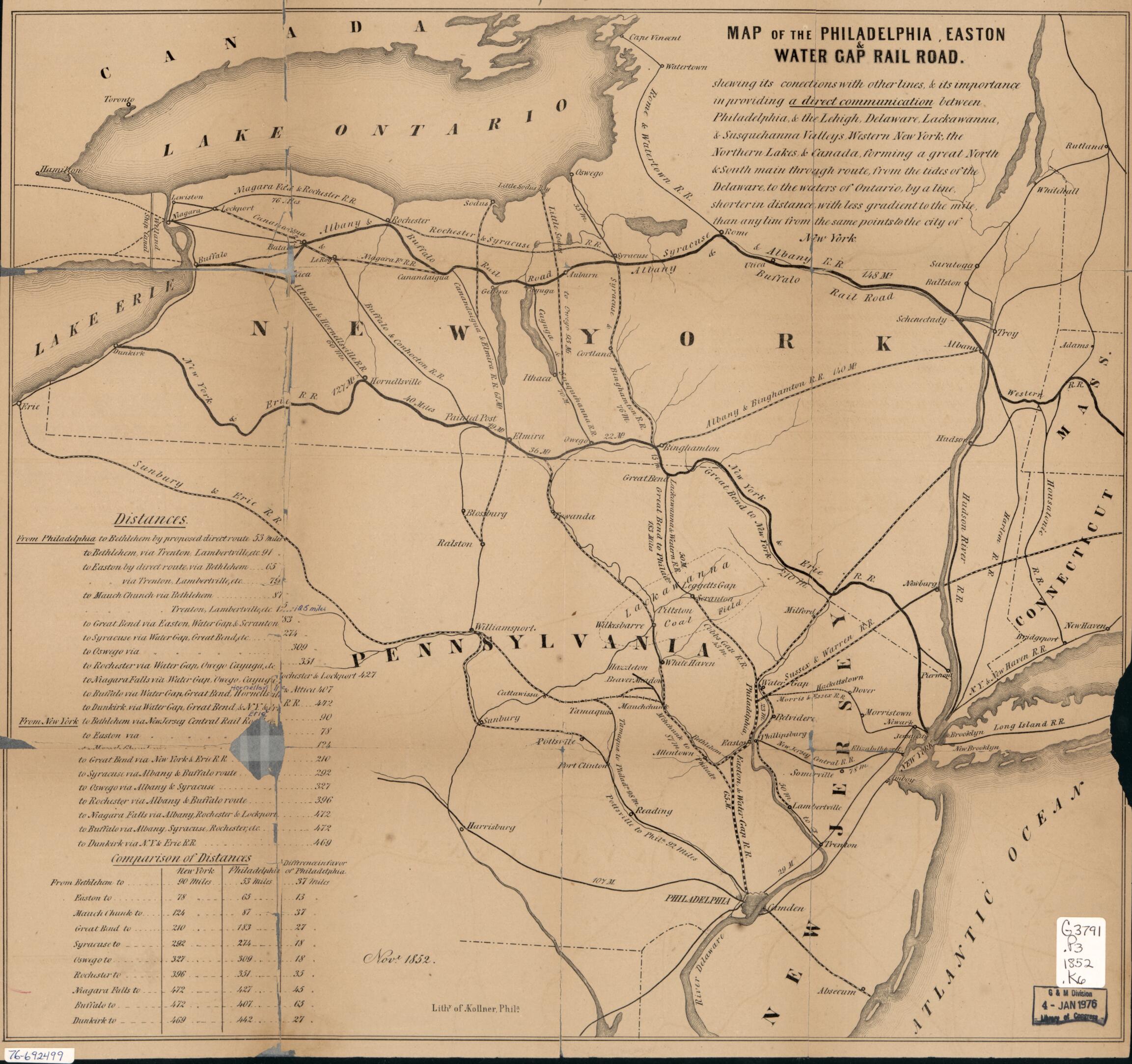 This old map of Map of the Philadelphia, Easton & Water Gap Rail Road from 1852 was created by Augustus Kollner in 1852