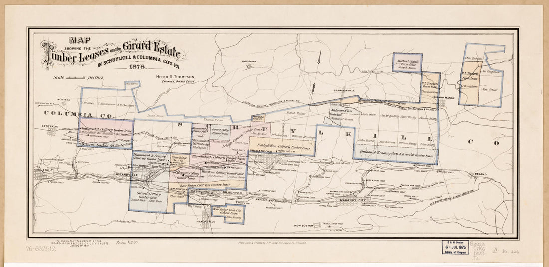 This old map of Map Showing the Timber Leases On the Girard Estate In Schuylkill & Columbia Co&