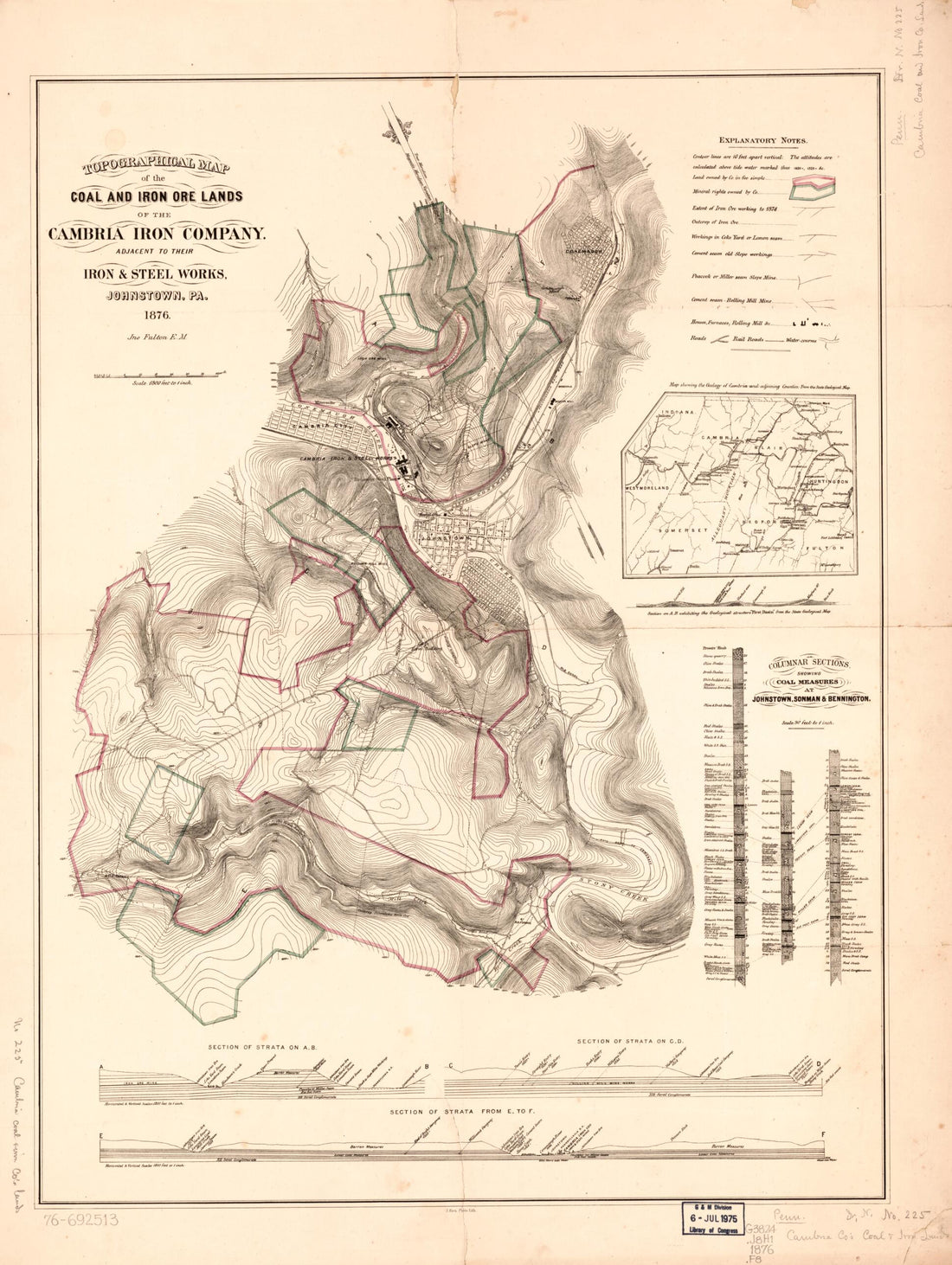 This old map of Topographical Map of the Coal and Iron Ore Lands of the Cambria Iron Company Adjacent to Their Iron & Steel Works, Johnstown, Pennsylvania from 1876 was created by Cambria Iron Company, John Fulton, Julius Bien & Co in 1876