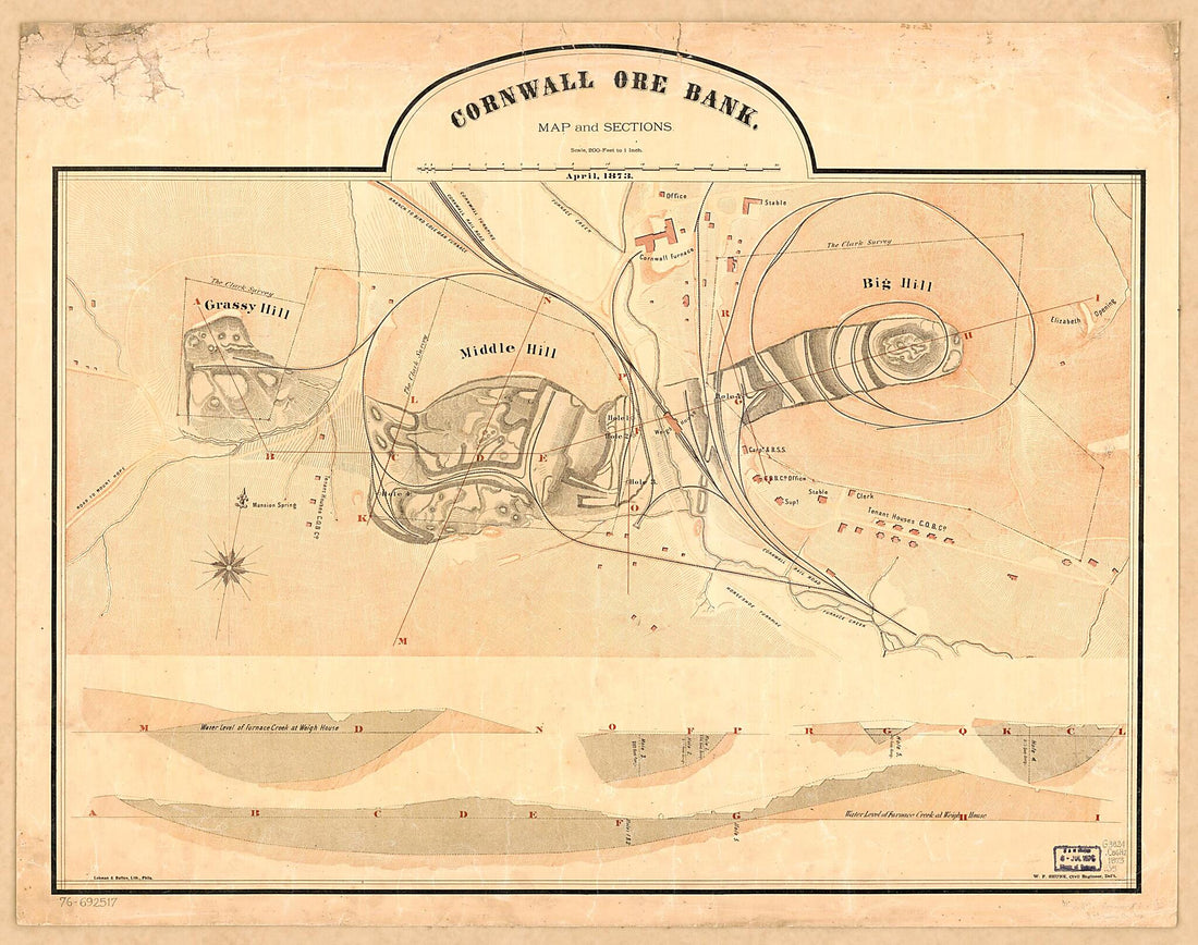 This old map of Cornwall Ore Bank, Map and Sections from 1873 was created by Lith Lehman & Bolton, W. F. Shunk in 1873