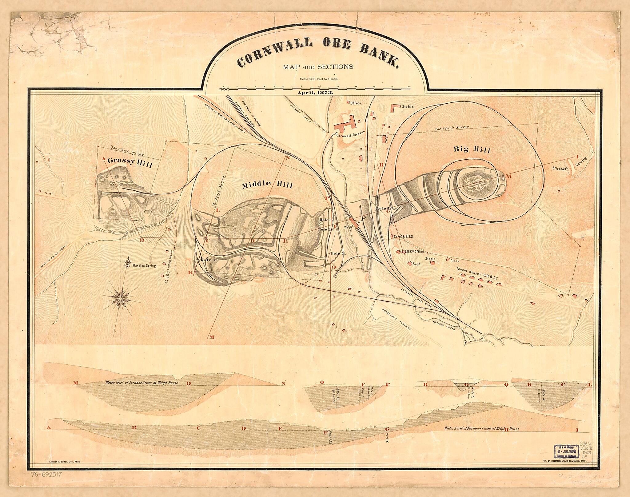 This old map of Cornwall Ore Bank, Map and Sections from 1873 was created by Lith Lehman & Bolton, W. F. Shunk in 1873