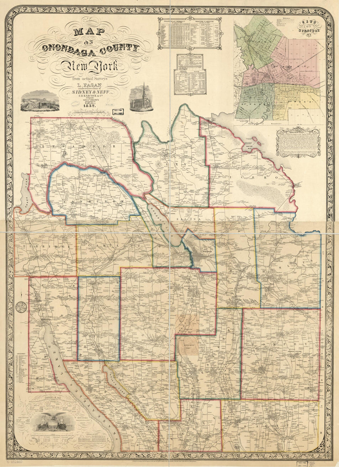 This old map of Map of Onondaga County, New York, from Actual Surveys from 1852 was created by George C. Brown, E.H. Babcock & Co, L. Fagan, Sidney & Neff in 1852