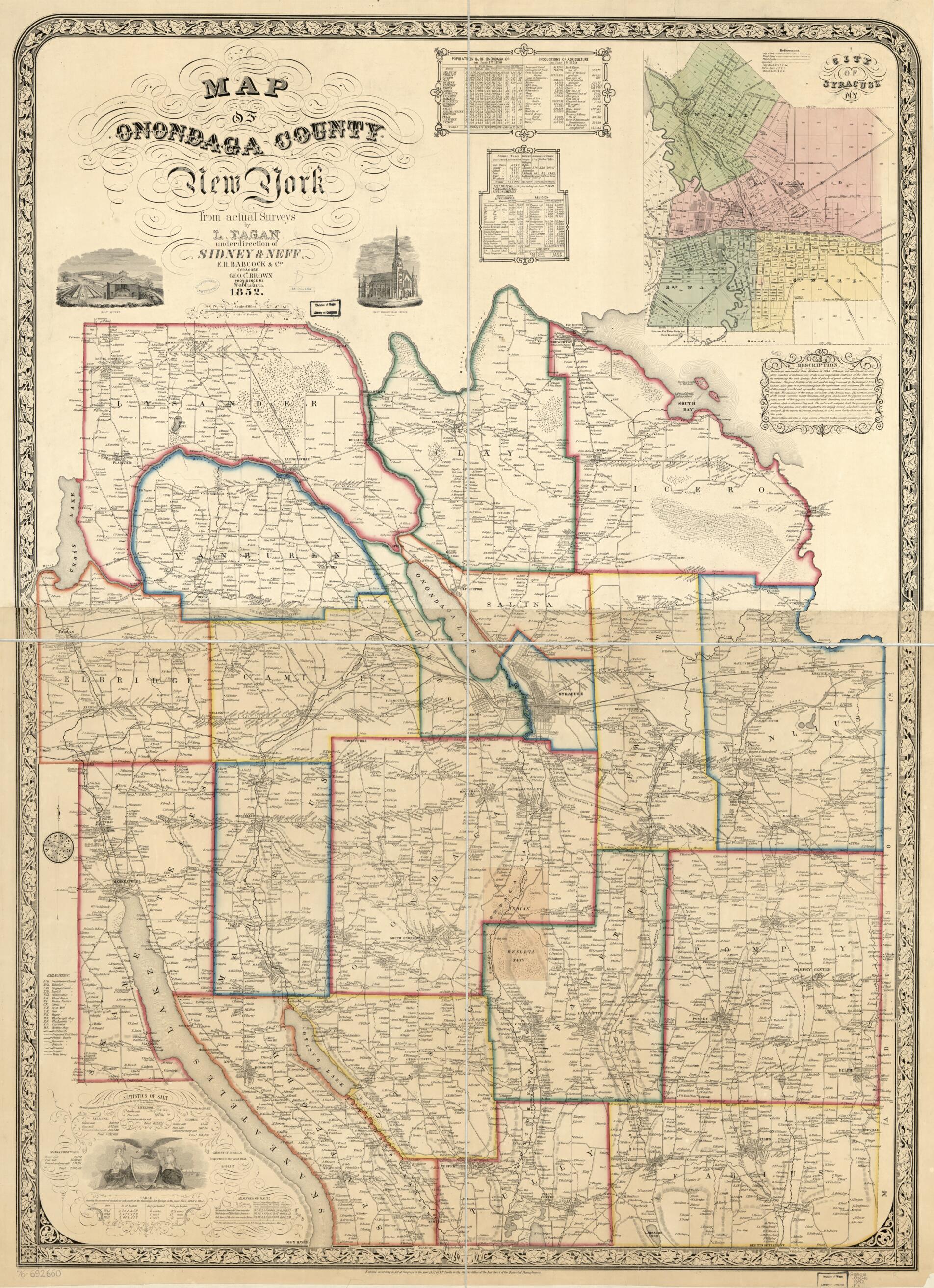 This old map of Map of Onondaga County, New York, from Actual Surveys from 1852 was created by George C. Brown, E.H. Babcock & Co, L. Fagan, Sidney & Neff in 1852