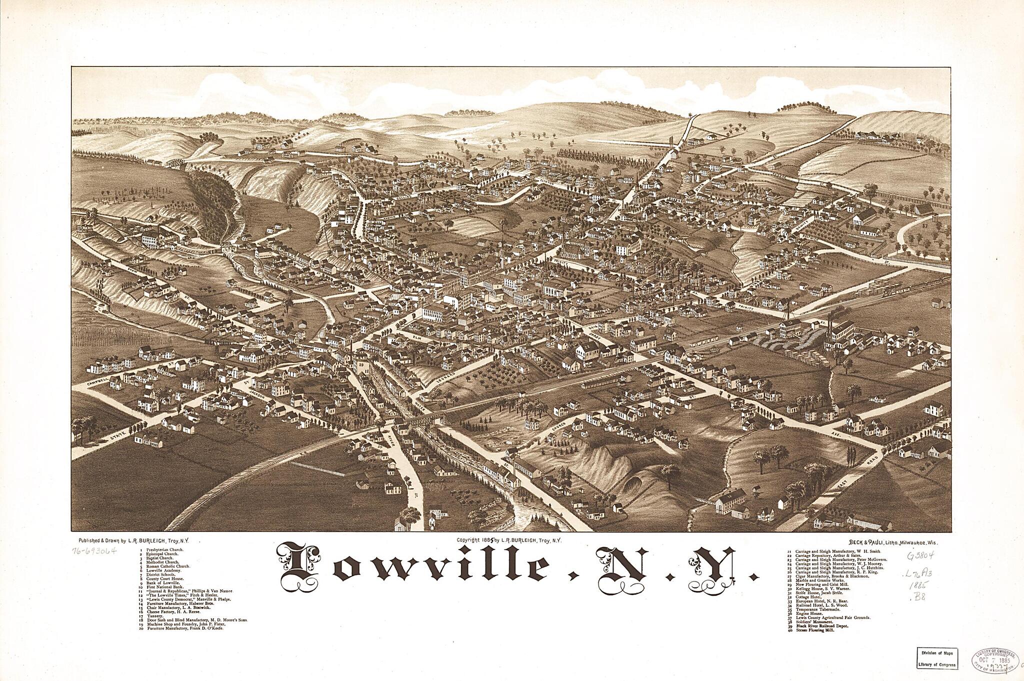 This old map of Lowville, New York from 1885 was created by Beck & Pauli, L. R. (Lucien R.) Burleigh in 1885