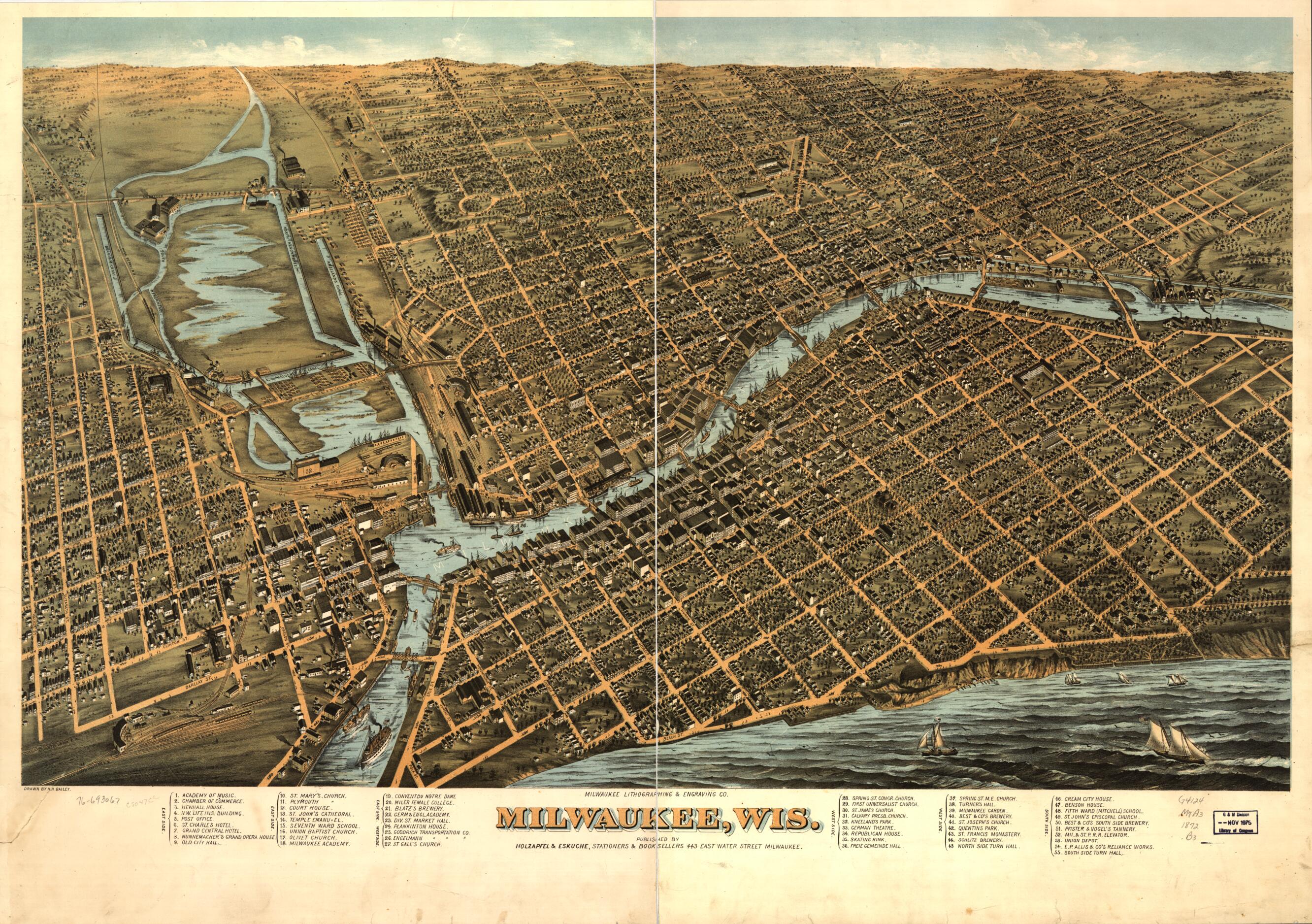 This old map of Milwaukee,Wisconsin from 1872 was created by H. H. (Howard Heston) Bailey, Holzapfel & Eskuche, Milwaukee Lith. & Engr. Co in 1872