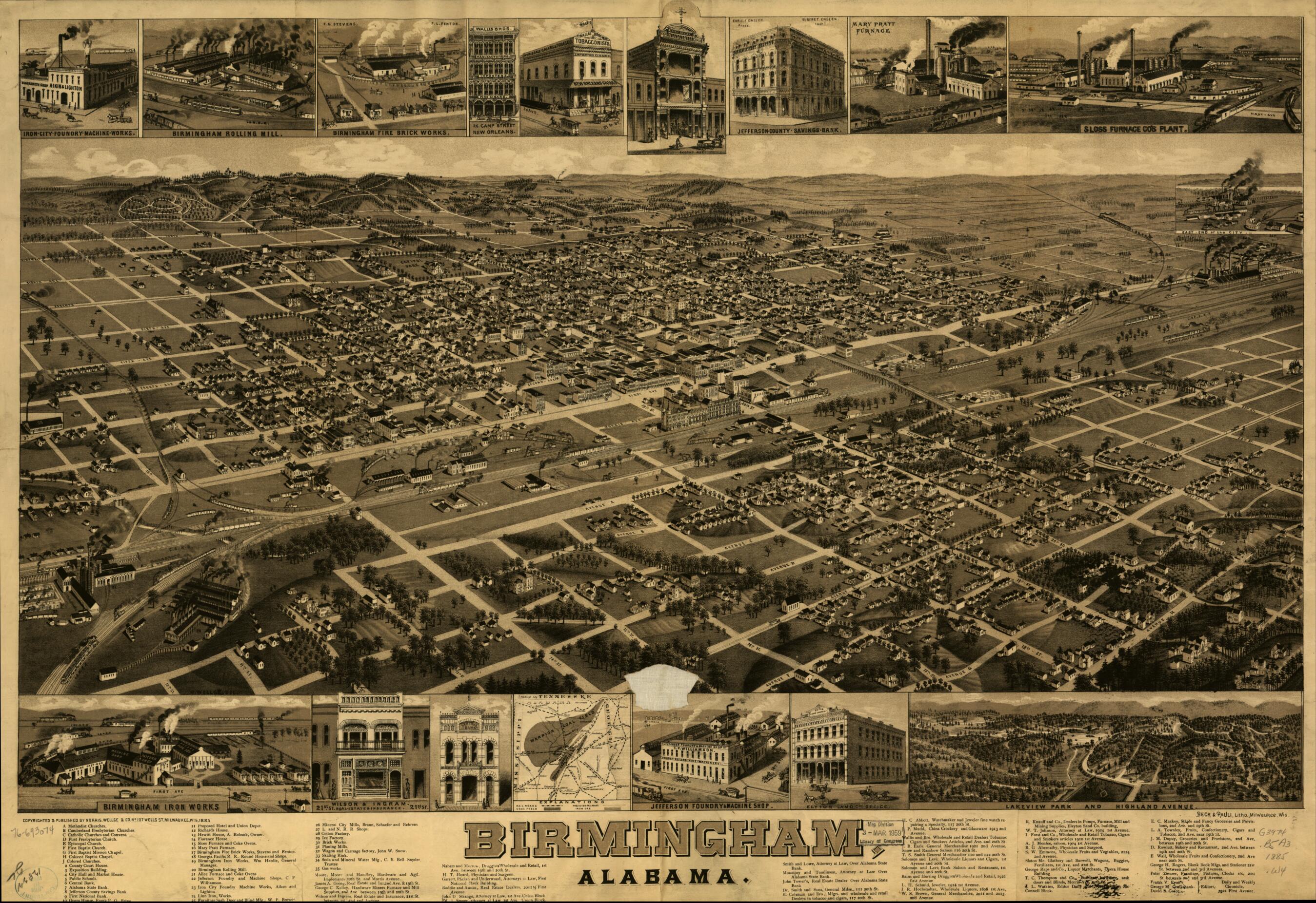 This old map of Birmingham, Alabama from 1885 was created by Beck & Pauli, Wellge & Co Norris, H. (Henry) Wellge in 1885