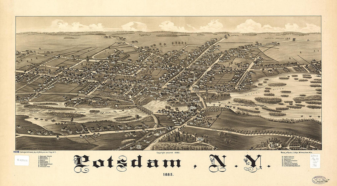 This old map of Potsdam, New York from 1885 was created by Beck & Pauli, L. R. (Lucien R.) Burleigh in 1885