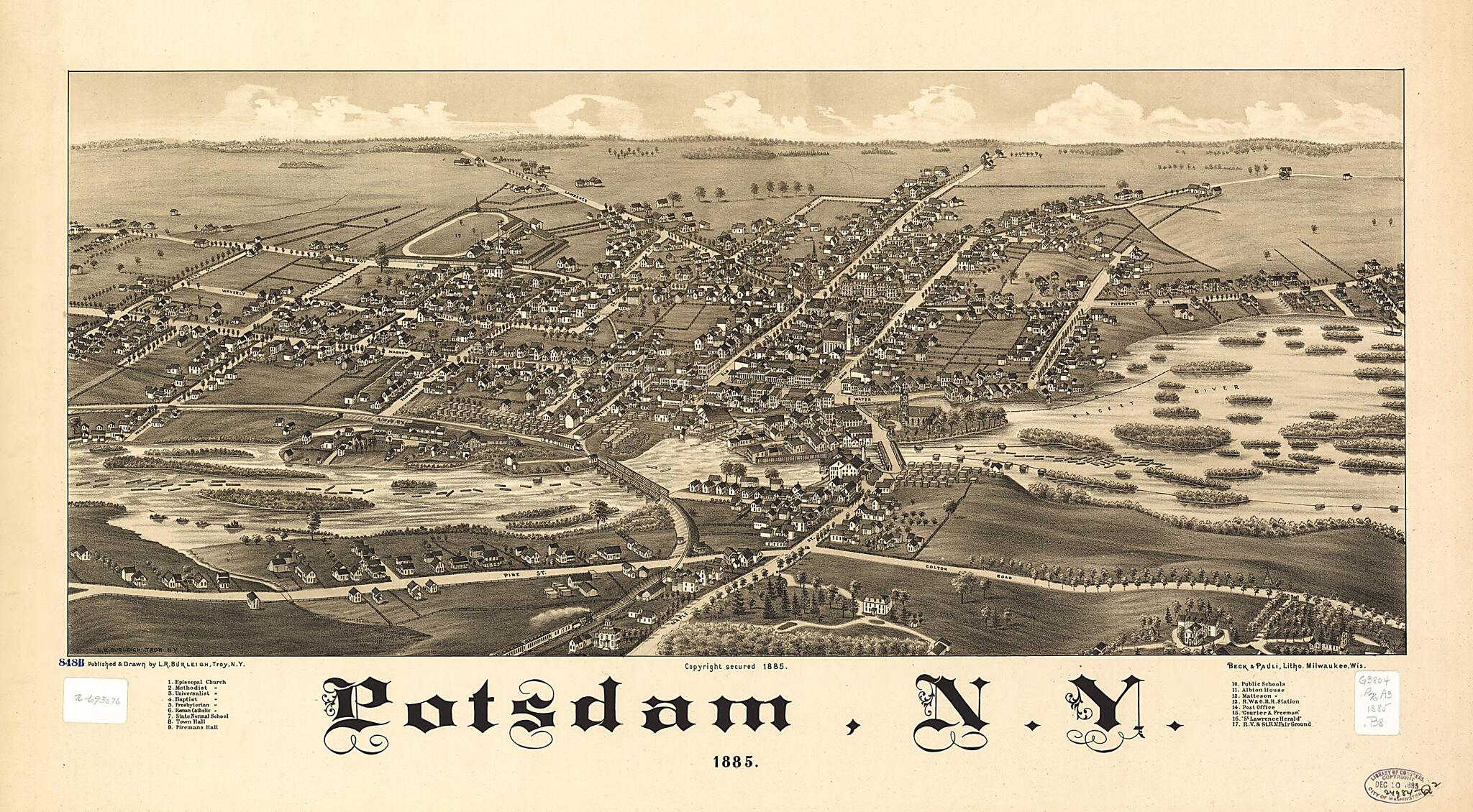 This old map of Potsdam, New York from 1885 was created by Beck & Pauli, L. R. (Lucien R.) Burleigh in 1885