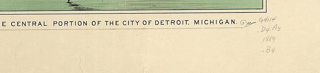This old map of -showing About Three Miles Square--of the Central Portion of the City of Detroit, Michigan from 1889 was created by Mich.) Calvert Lithographing Co. (Detroit in 1889