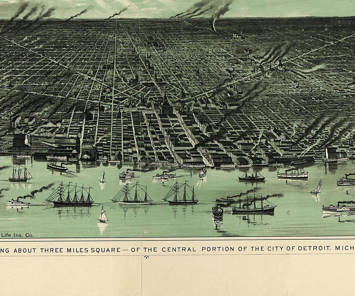 This old map of -showing About Three Miles Square--of the Central Portion of the City of Detroit, Michigan from 1889 was created by Mich.) Calvert Lithographing Co. (Detroit in 1889