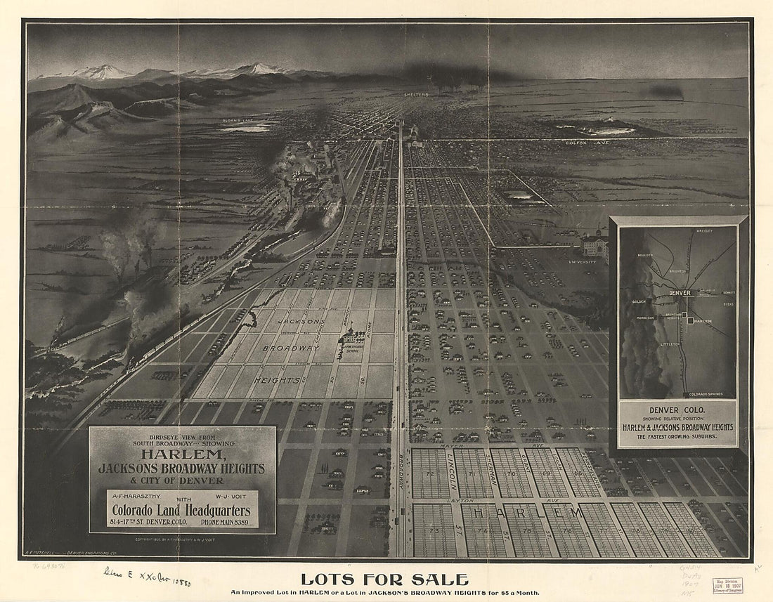 This old map of Birdseye View from South Broadway.. Showing Harlem, Jacksons Broadway Heights & City of Denver from 1907 was created by Denver Engraving Co, Andrew E. Mitchell in 1907