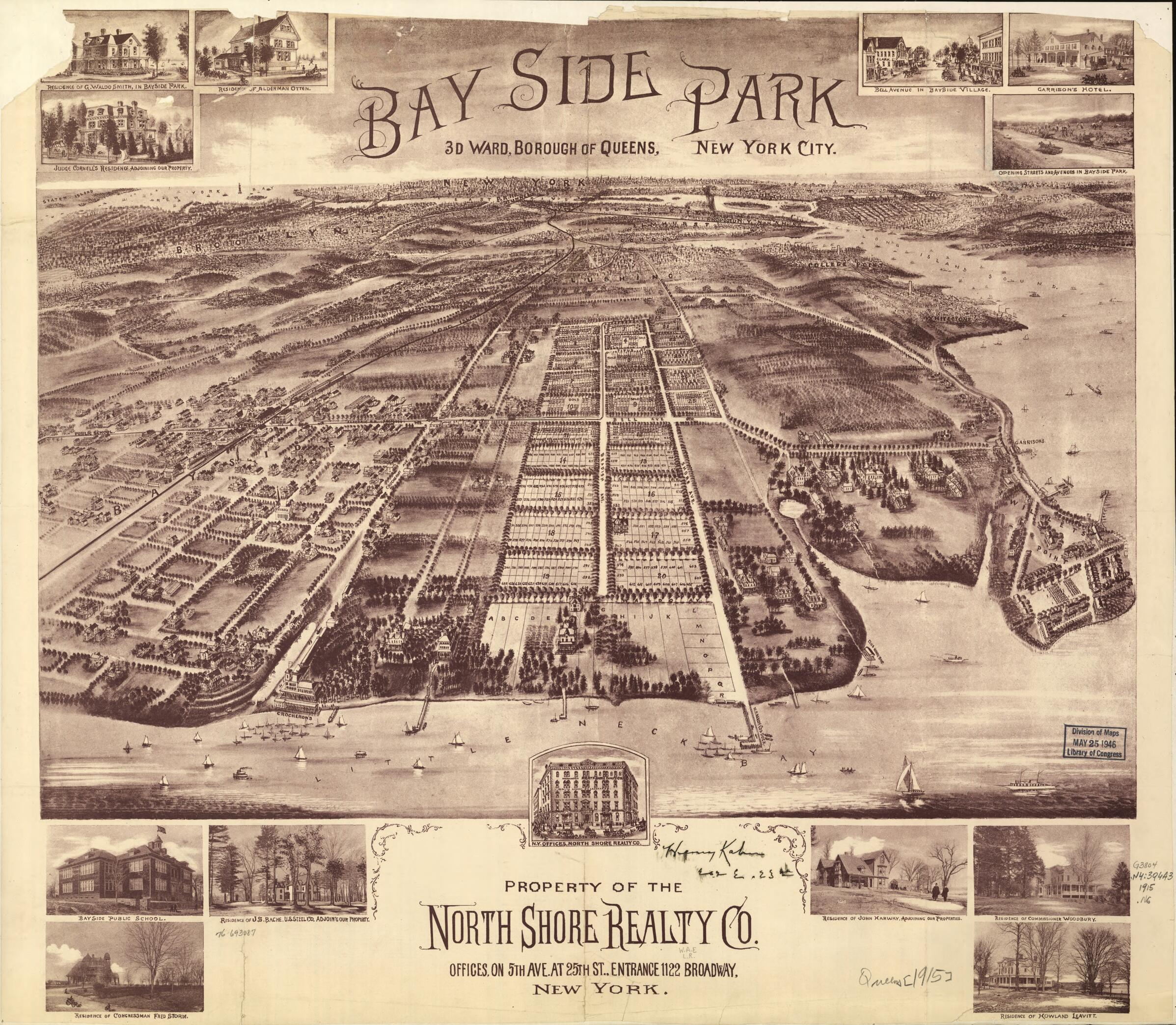 This old map of Bay Side Park, 3d Ward, Borough of Queens, New York City from 1915 was created by North Shore Realty Co in 1915