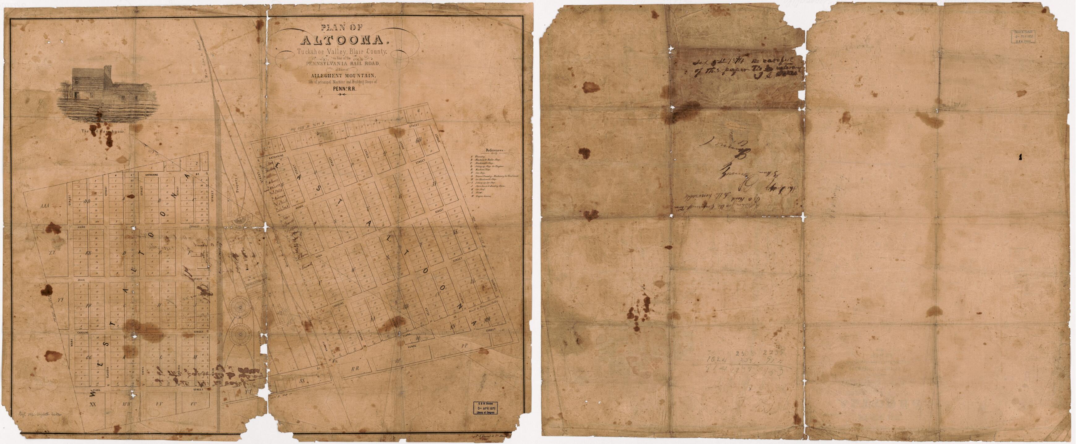 This old map of Plan of Altoona, Tuckahoe Valley, Blair County, On the Line of the Pennsylvania Rail Road, at Base of Allegheny Mountain, Site of Principal Machine and Building Shops of Penna. R.R from 1874 was created by P.S. Duval & Co in 1874