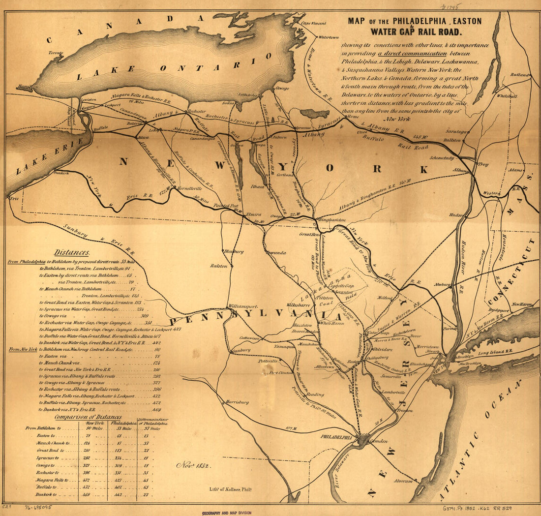 This old map of Map of the Philadelphia, Easton & Water Gap Rail Road from 1852 was created by Augustus Kollner, Easton and Water Gap Railroad Company Philadelphia in 1852