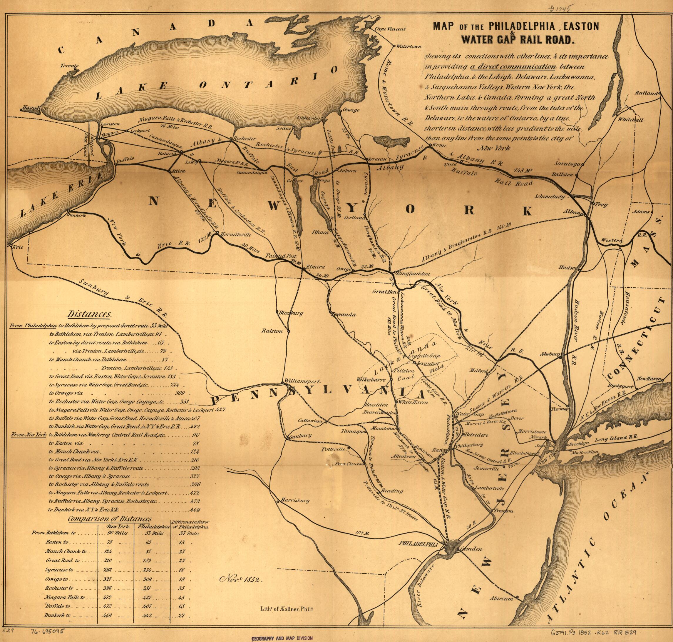 This old map of Map of the Philadelphia, Easton & Water Gap Rail Road from 1852 was created by Augustus Kollner, Easton and Water Gap Railroad Company Philadelphia in 1852