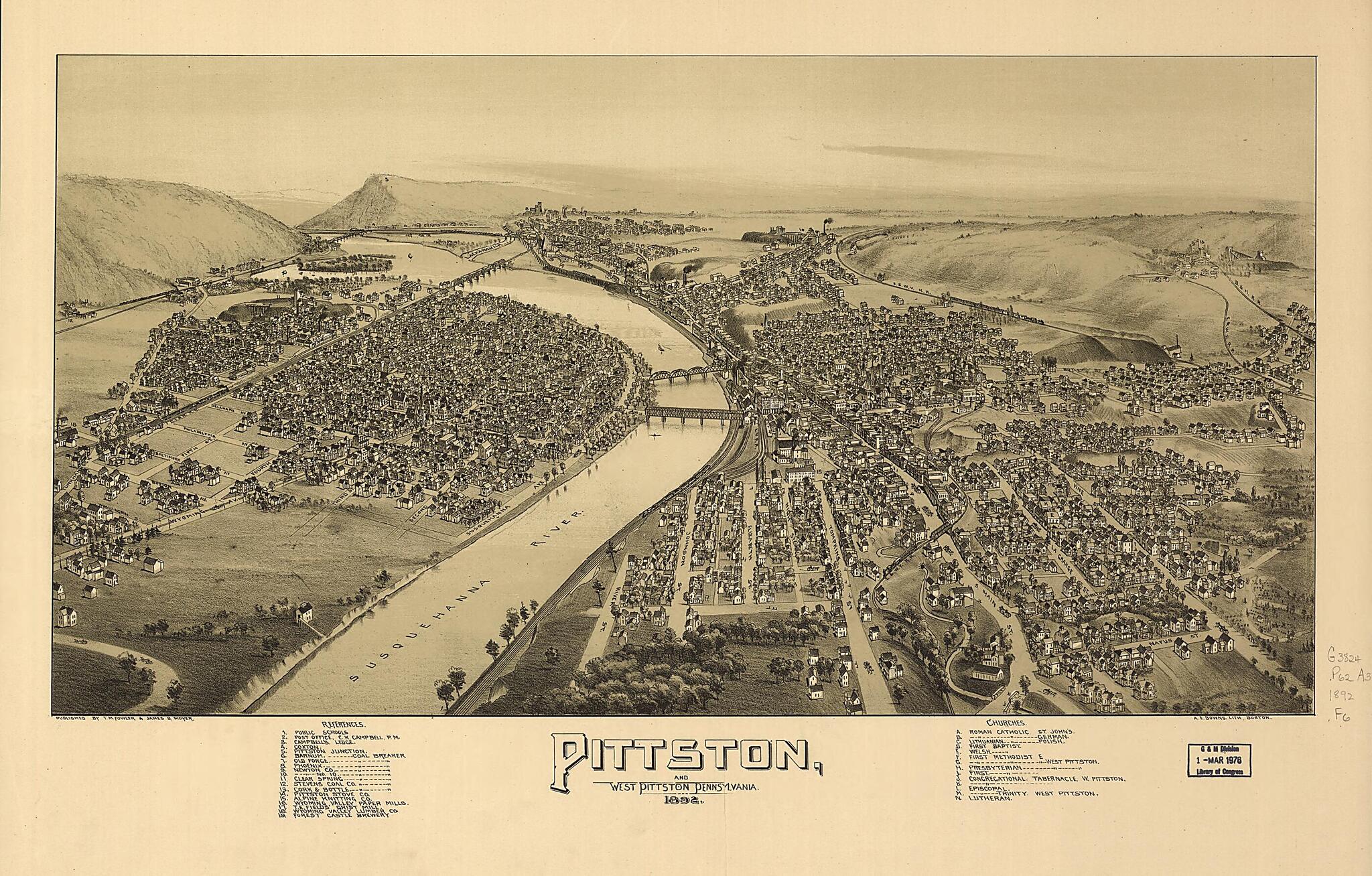 This old map of Pittston and West Pittston, Pennsylvania from 1892 was created by A. E. (Albert E.) Downs, T. M. (Thaddeus Mortimer) Fowler, James B. Moyer in 1892