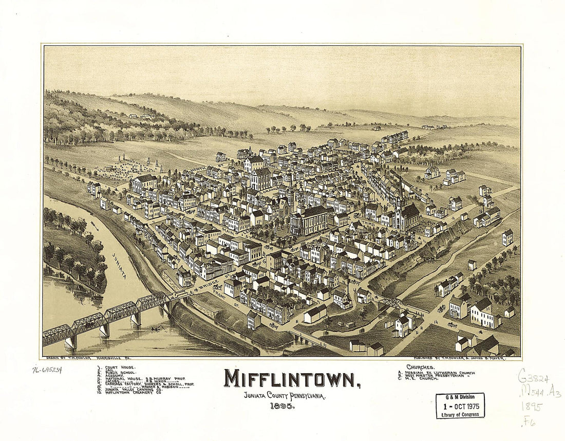 This old map of Mifflintown, Juniata County, Pennsylvania from 1895 was created by T. M. (Thaddeus Mortimer) Fowler, James B. Moyer in 1895