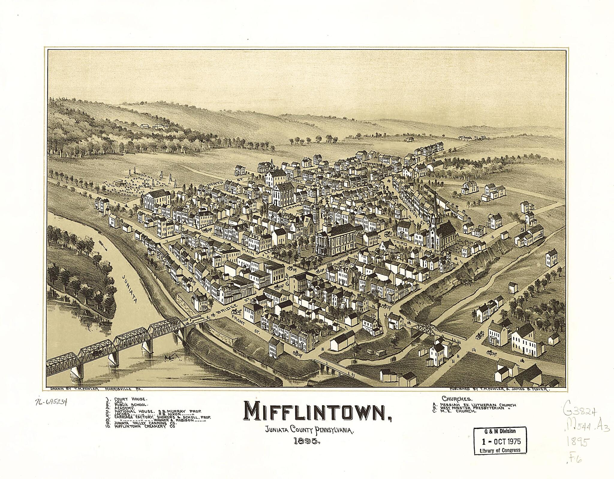 This old map of Mifflintown, Juniata County, Pennsylvania from 1895 was created by T. M. (Thaddeus Mortimer) Fowler, James B. Moyer in 1895